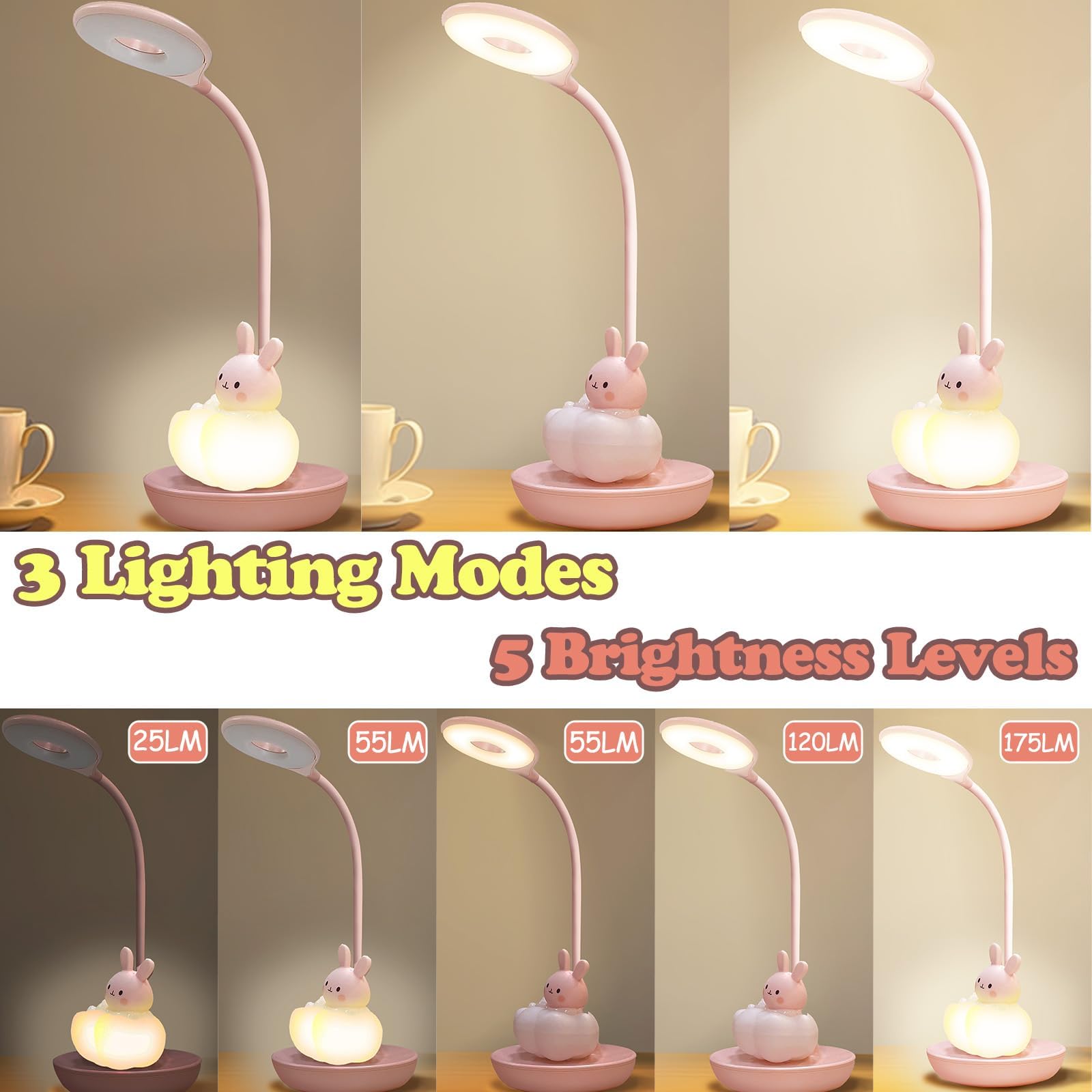 Lampa biurkowa LED dla dzieci, ochrona oczu, lampka do czytania, ładowana przez USB, energooszczędna lampka nocna, ściemniana, czujnik dotykowy, lampa stołowa, styl kreskówkowy (różowy)