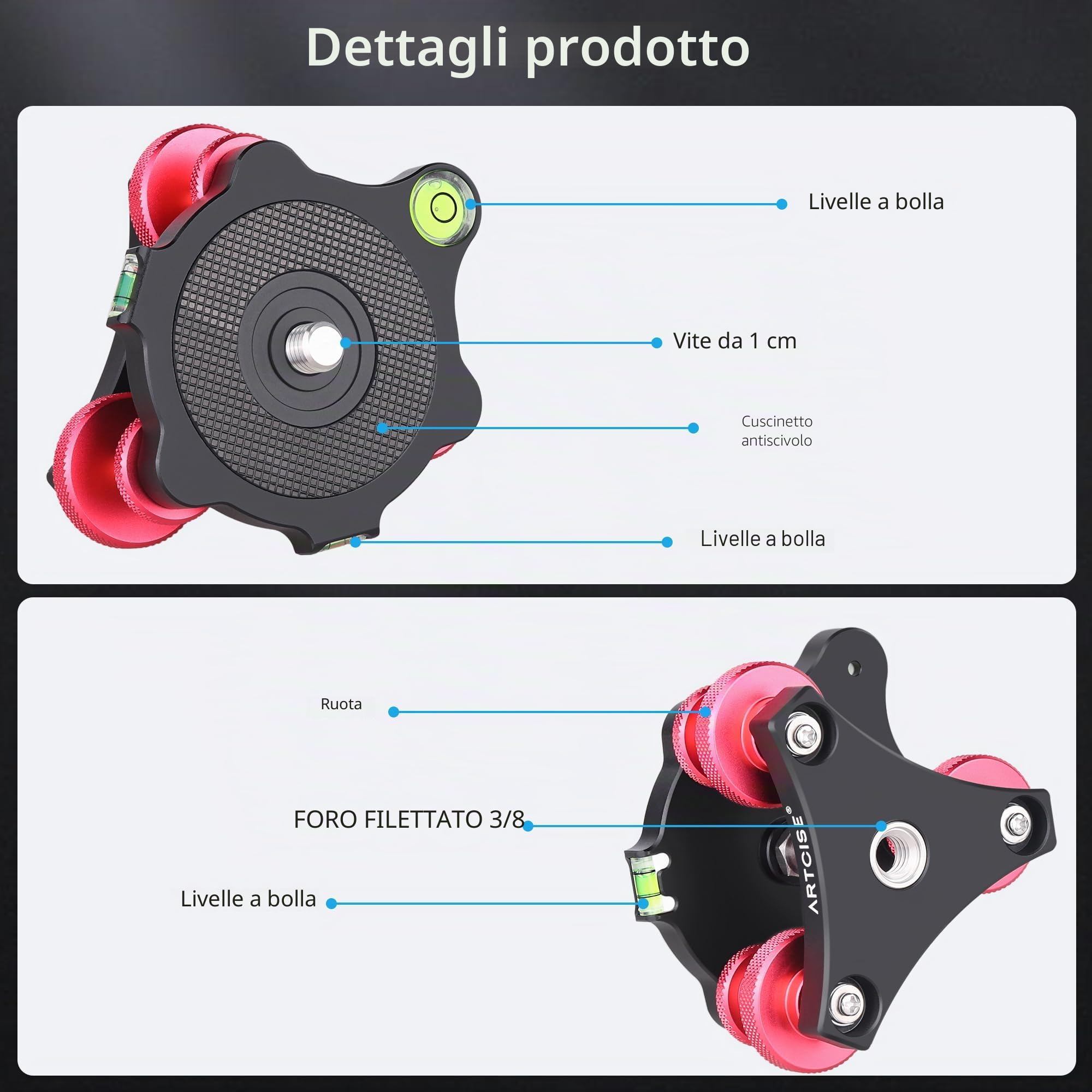 Base di livellamento per treppiede ARTCISE, testa a tre ruote a 3 assi in lega di alluminio, filettatura da 3/8", regolazione precisa dell'angolo +/-5° per la fotografia panoramica macro