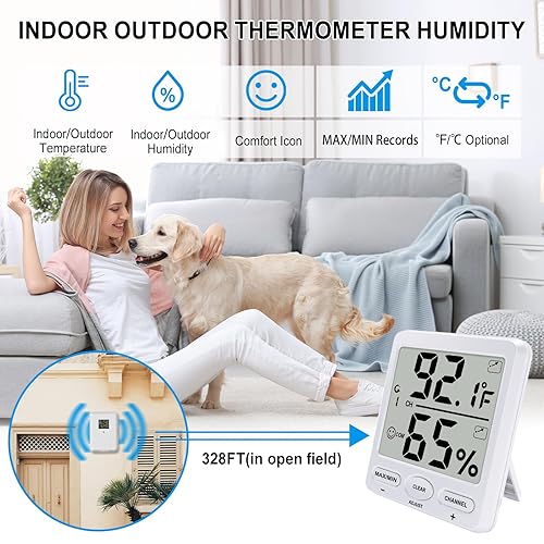 Miniatura 3 de Urageuxy Termómetro para interiores y exteriores, higrómetro digital inalámbrico, medidor de temperatura y humedad, con sensor remoto, pantalla