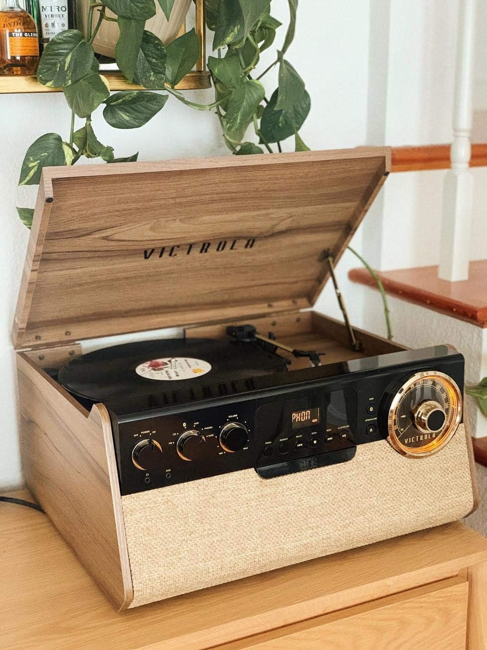 Victrola 6-in-1 Bluetooth Record Player with 3-Speed Turntable, Cd, Cassette Player and FM Radio, Farmhouse Walnut