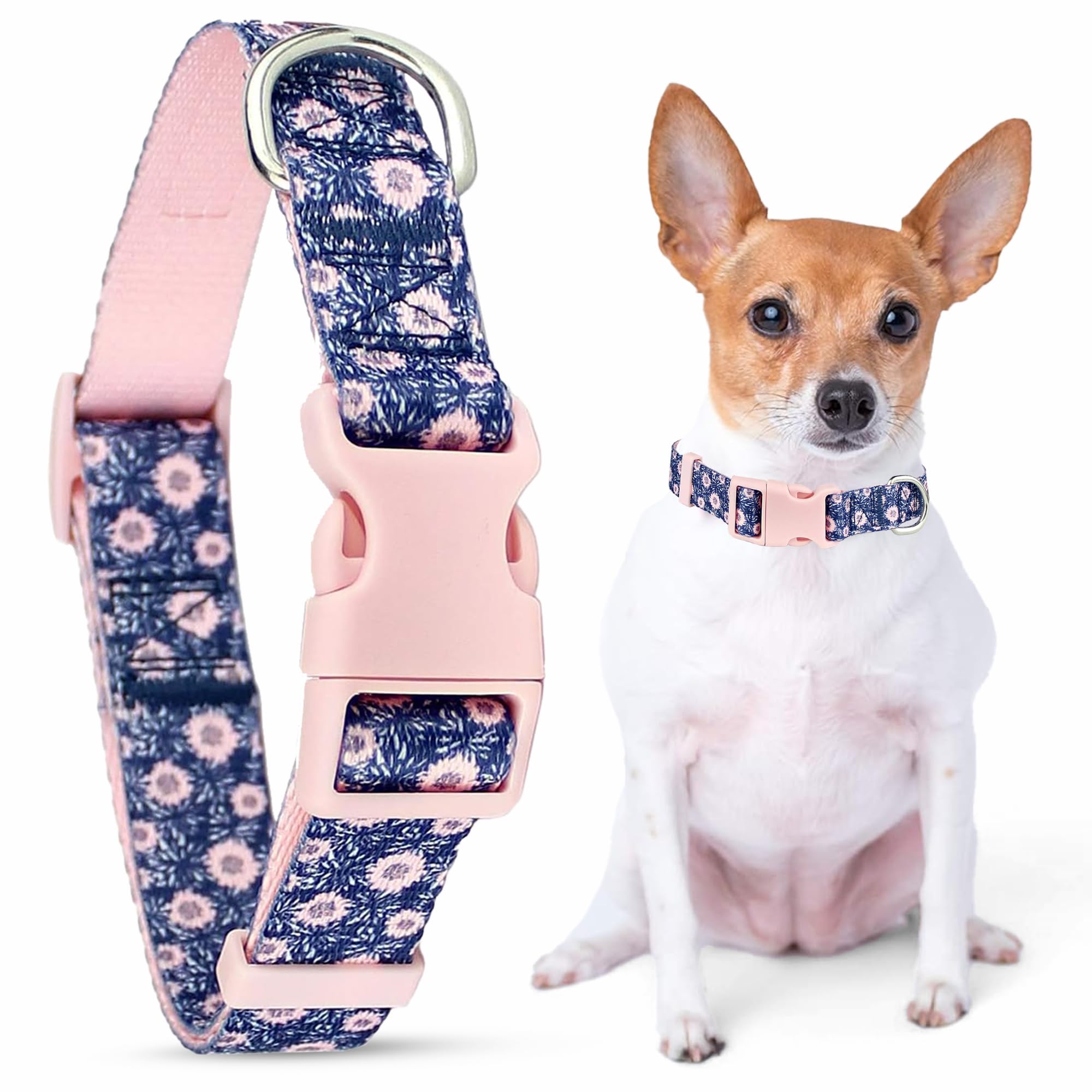 Parisian Pet Valentines Dog Collar - Adjustable “ Midnight Blossoms “ Pattern Female Puppies Collar - Comfortable, and Breathable Nylon, Girly