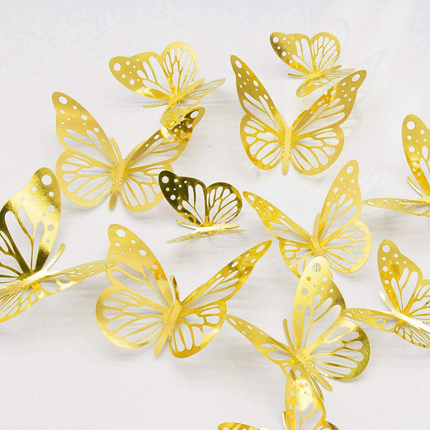 3D Glittering Gold Butterfly Wall Decor (12pc) Wall Stickers, 3 Sizes & 3 Cutout-Carved Designs, DIY Decorations for Bedroom, Living Room, Parties