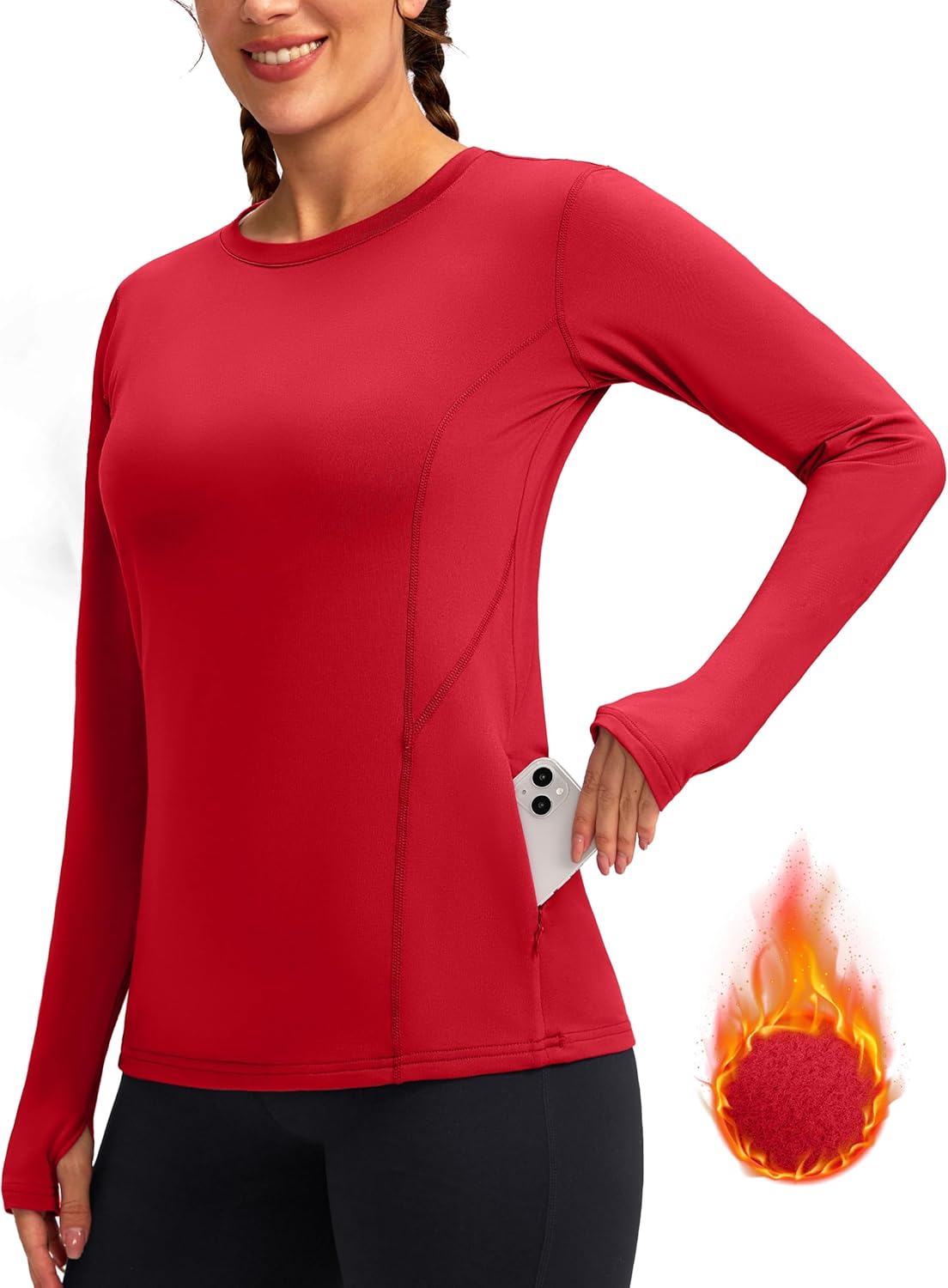 Women's Thermal Fleece Tops Long Sleeve Workout Shirts Running Athletic Base Layer with Thumb Holes Zipper Pocket