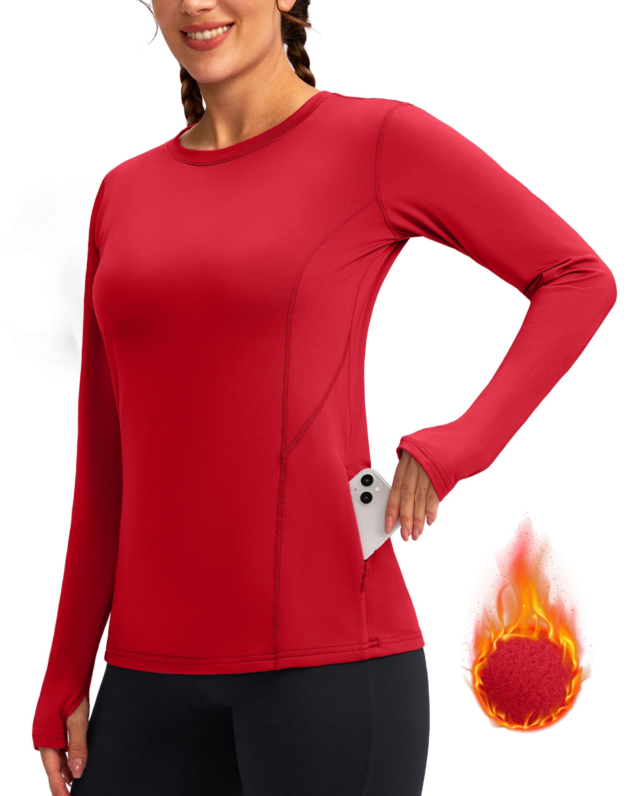 Camiseta térmica de forro polar para mujer, manga larga, para entrenamiento, correr, capa base atlética, con agujeros para el pulgar y bolsillo con cremallera