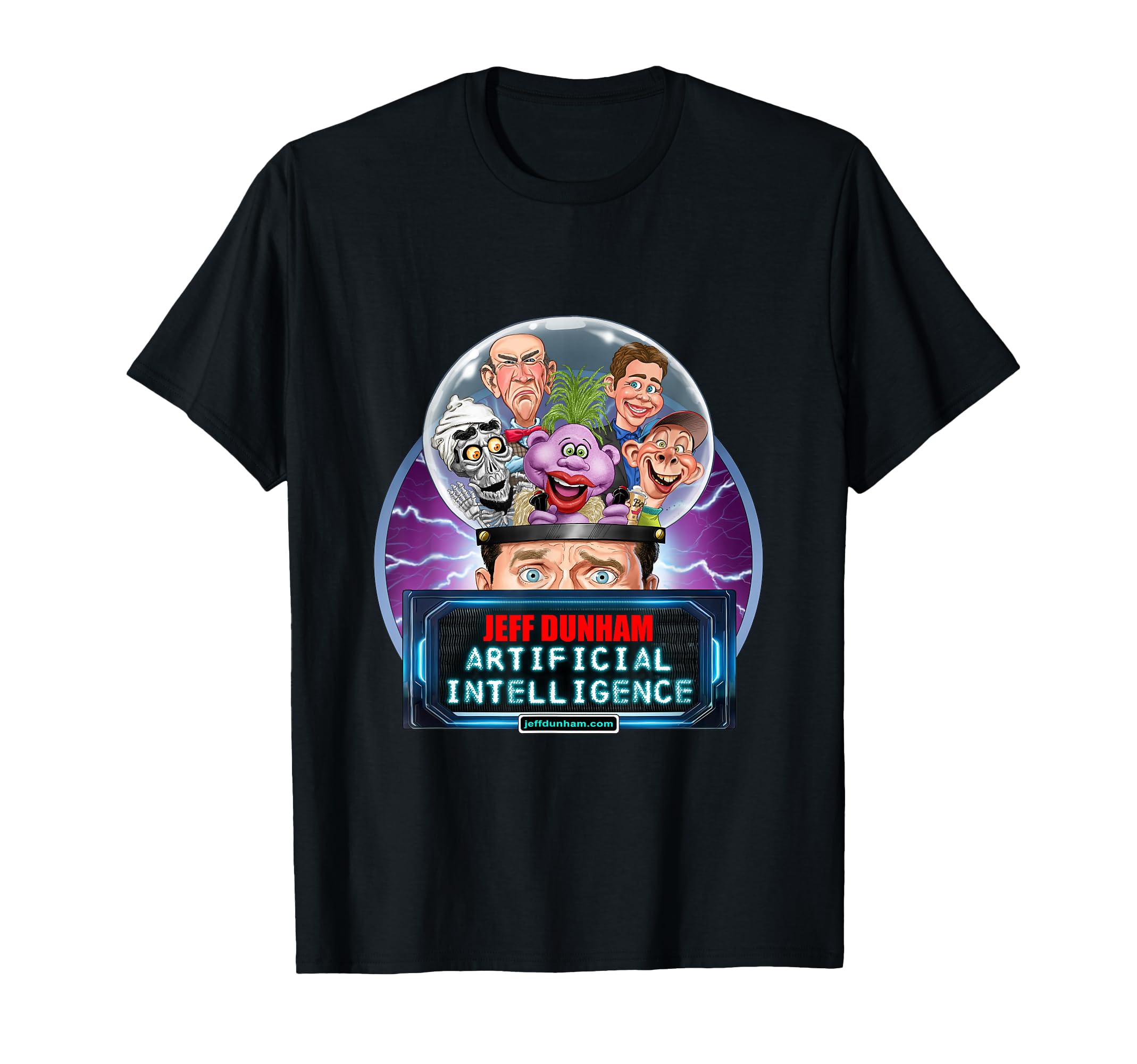 Jeff Dunham: Artificial Intelligence (2025) Unisex T-Shirt - Black, Short Sleeve, Classic Fit, Cartoon Design - Jeff Dunham Fans, Comedy Enthusiasts,