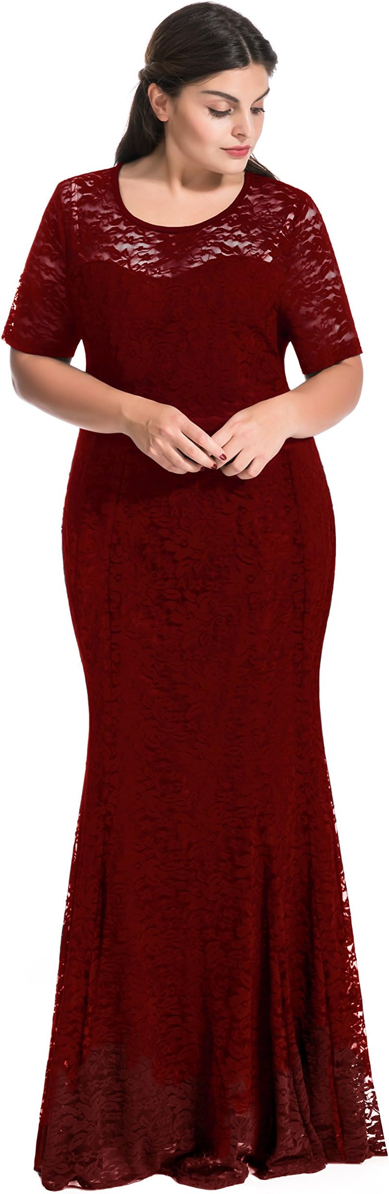 myfeel Women Plus Size Lace Ruched Empire Waist Sweetheart Mermaid Fishtail Cocktail Evening Dress or Wedding