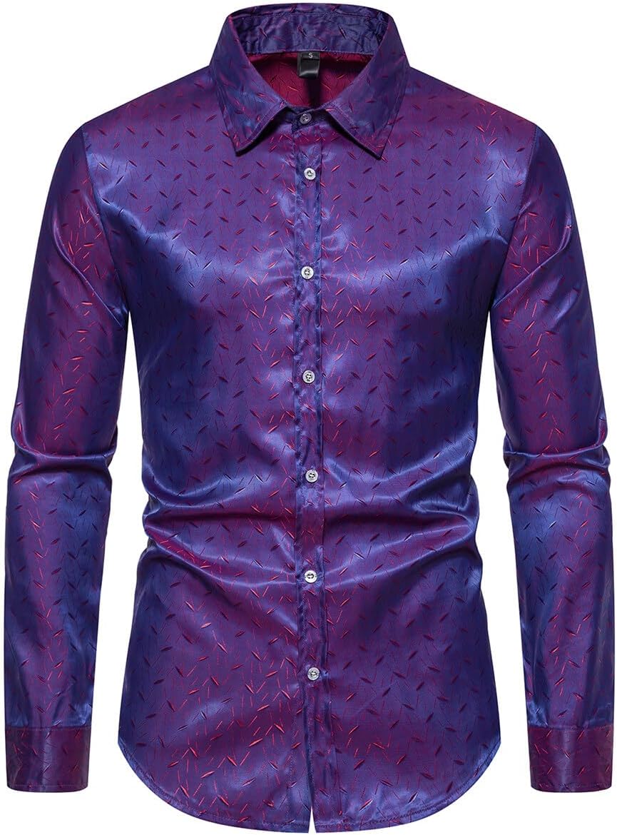 BoylandMen's Shiny Luxury Shirt Vintage Jacquard Disco Nightclub Casual Party Slim Fit Long Sleeve Dress Shirt