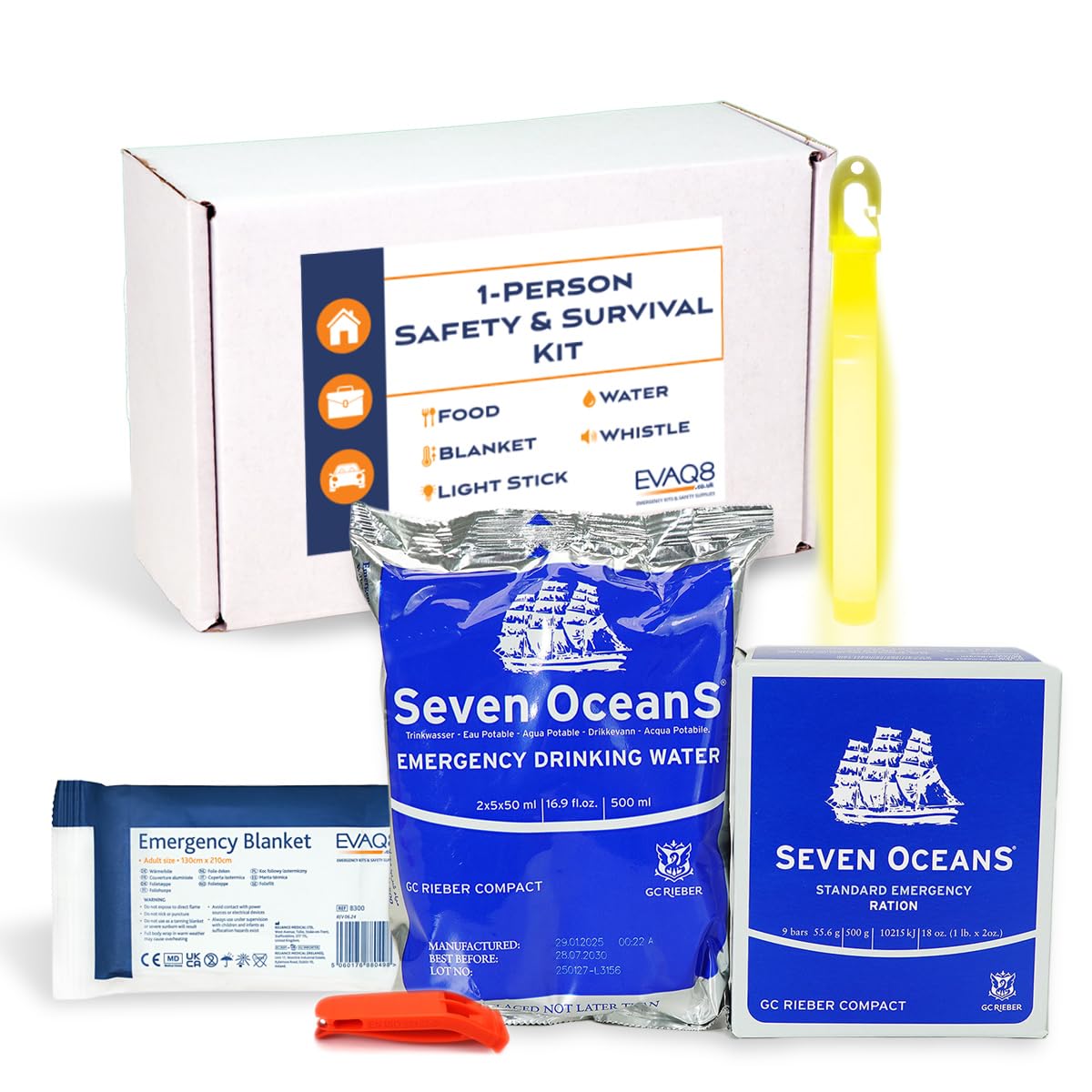 EVAQ8 Compact 1-Person Safety & Survival Kit – Long-Life Food (2,400 kcal), Long-Life 500 ml Water, Foil Blanket, Light Stick & Whistle • 4-Year Shelf Life