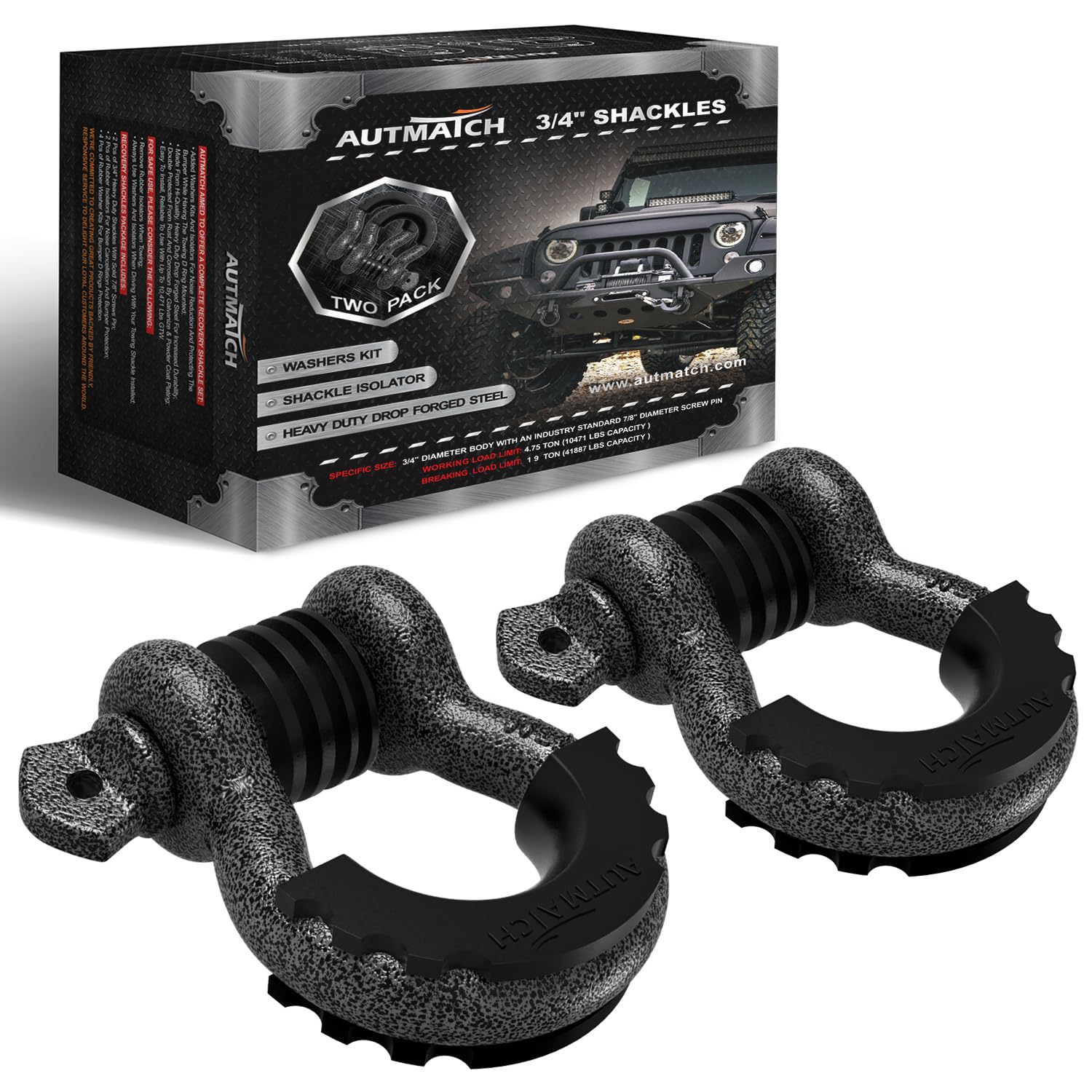 AUTMATCH D Ring Shackle 3/4" Shackles (2 Pack) 41,887Ibs Break Strength, Clevis Shackle with 7/8" Screw Pin and Shackle Isolator Washers Kit for Tow Strap Winch Off Road Vehicle Recovery, Grainstone