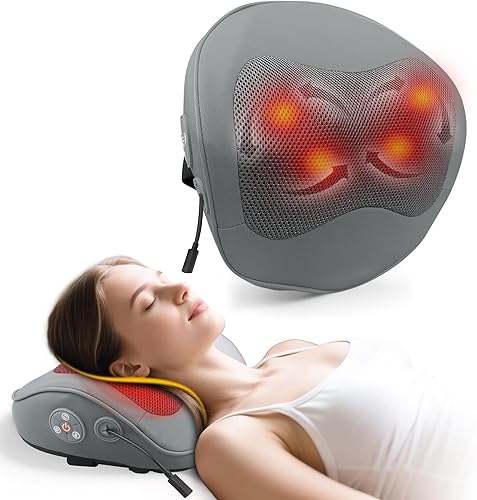 Shiatsu - Masajeador de espalda y cuello con calor, almohada de masaje 4D de tejido profundo para aliviar el dolor, masajeador eléctrico de hombros