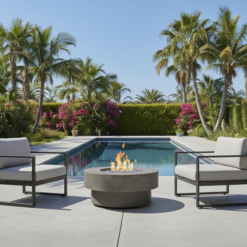 34-Inch Propane Fire Pit Table: 50,000 BTU Outdoor Heating & Patio Table with Glass Rocks & Cover - Modern Round Firepit for Urban Balcony & Small Space Gatherings