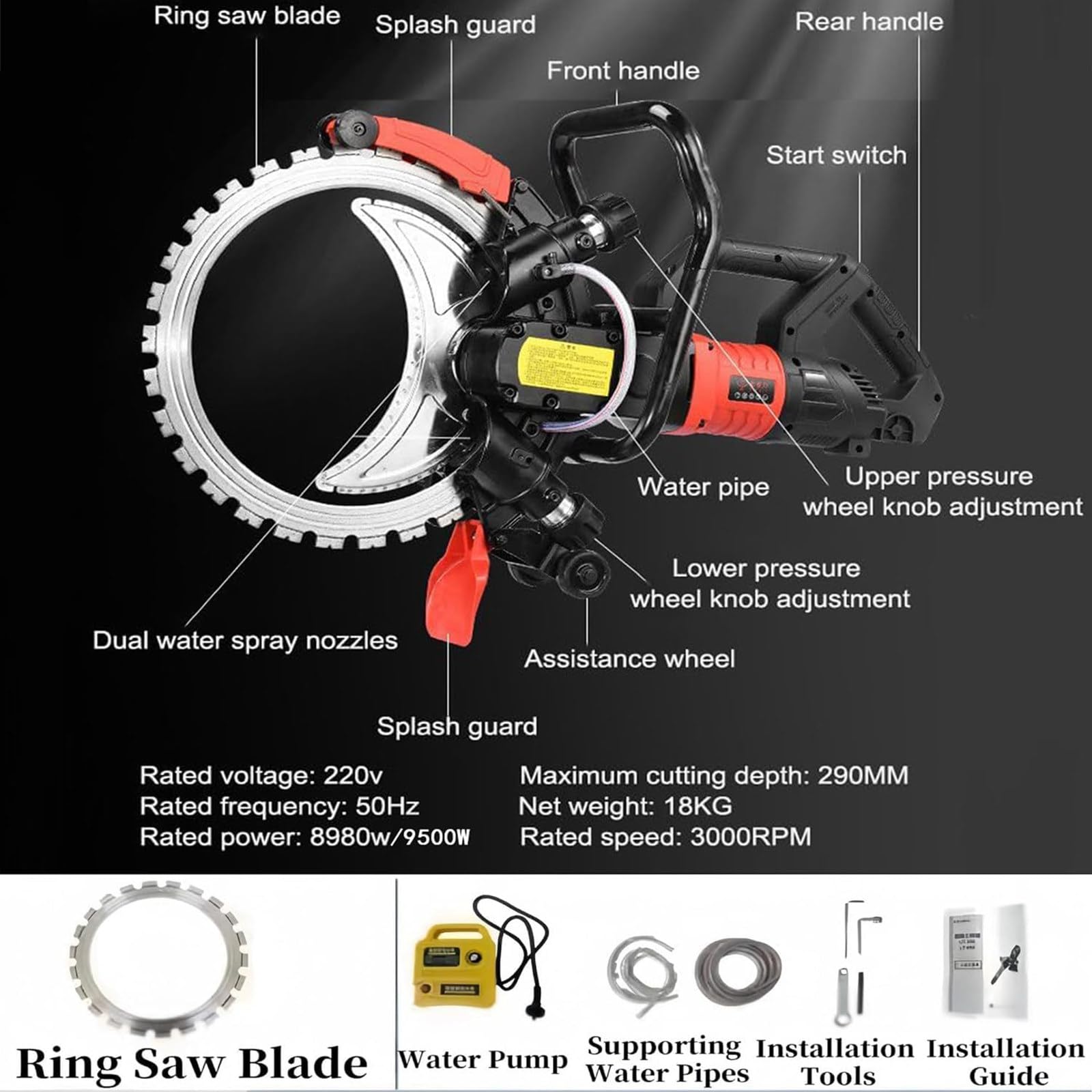 Sierra Circular Cortadora De Muro Para Hormigón 3000RPM Sierra Anillo Eléctrica Para Corte De Hormigón Con Suministro De Agua Y Supresión De Polvo,Profundidad Corte 290 Mm,4xblade-9500W