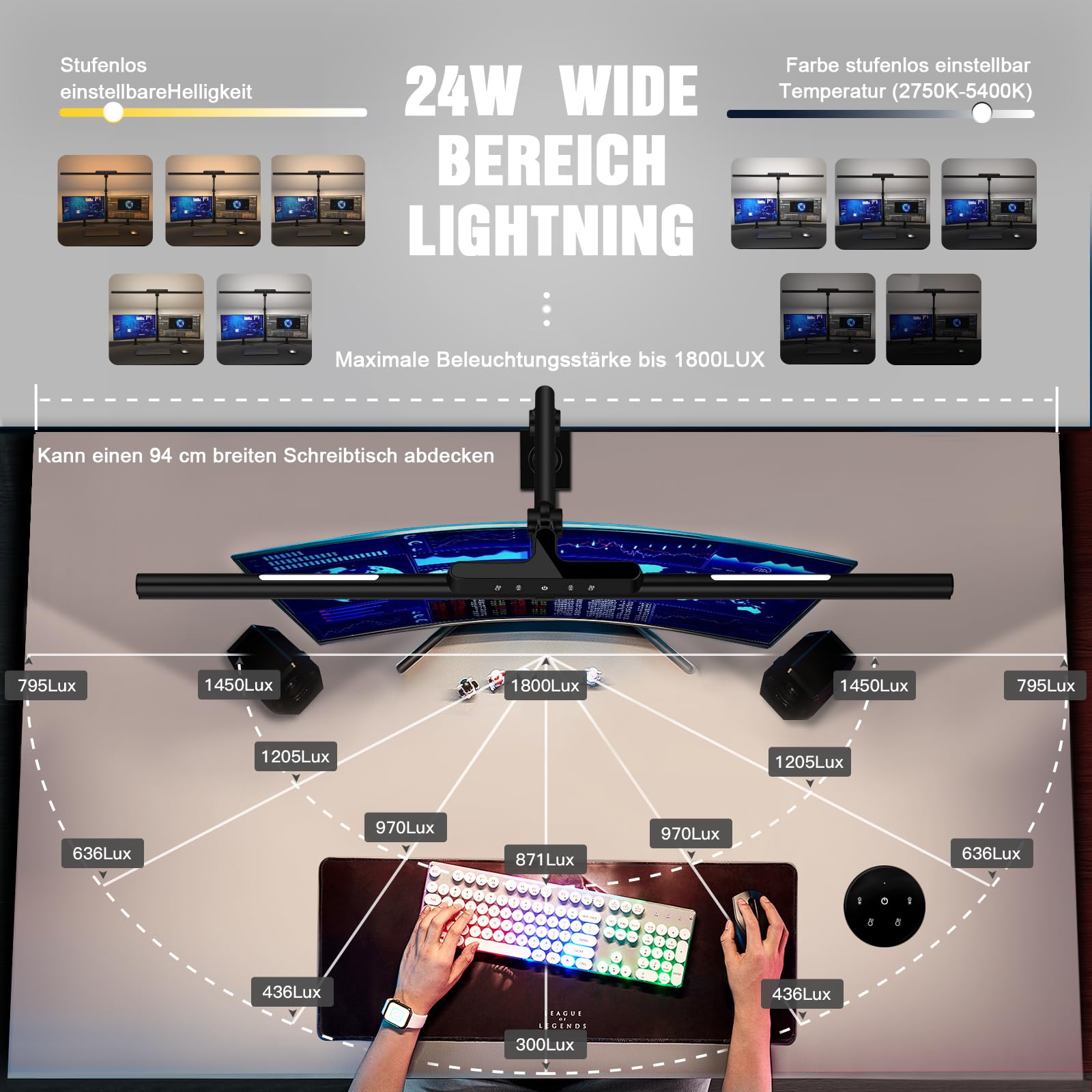 OOWOLF Schreibtischlampe LED, 81,5 cm, 24W dimmbar, 2750-5400K, mit Gestensteuerung & Fernbedienung, Doppelkopf, höhenverstellbar, klemmbar, für Büro, Homeoffice und Detailarbeiten
