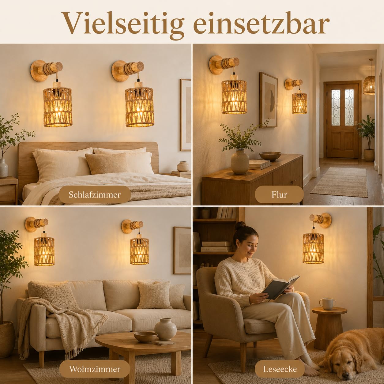2er-Pack Vintage-Boho-Wandleuchten aus Holz und Rattan, E27 | Handgeflochtener Schirm, Festverdrahtet Wandlampe Vintage, Boho für Schlafzimmer, Wohnzimmer, Flur und Treppenhaus