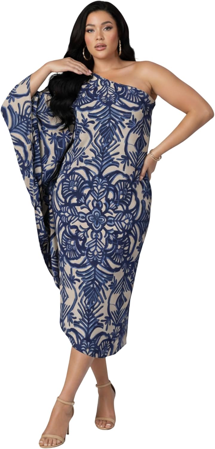 KOH KOH Womens One Shoulder Asymmetric Spring Summer Print Long Midi Dress