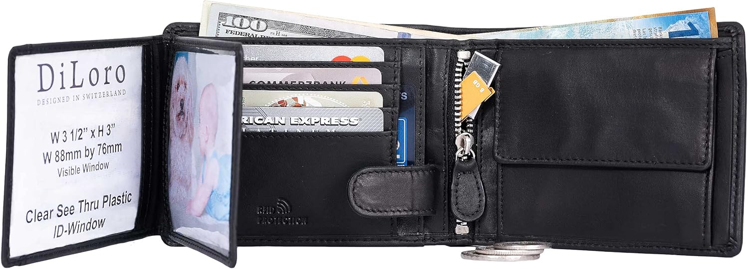 DiLoro Full Size Large Mens Leather Bifold Wallet Flip ID Zip and Coin Compartment with RFID Protection Anti Theft - Image 3