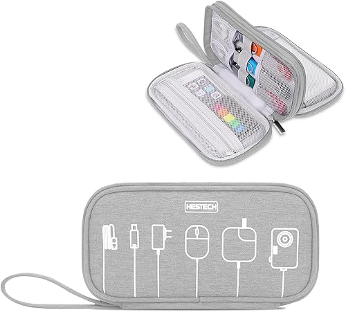HESTECH Organizador de electrónica de viaje pequeño con cable tecnológico, organizador de cables, asa de transporte portátil, bolsa de doble capa
