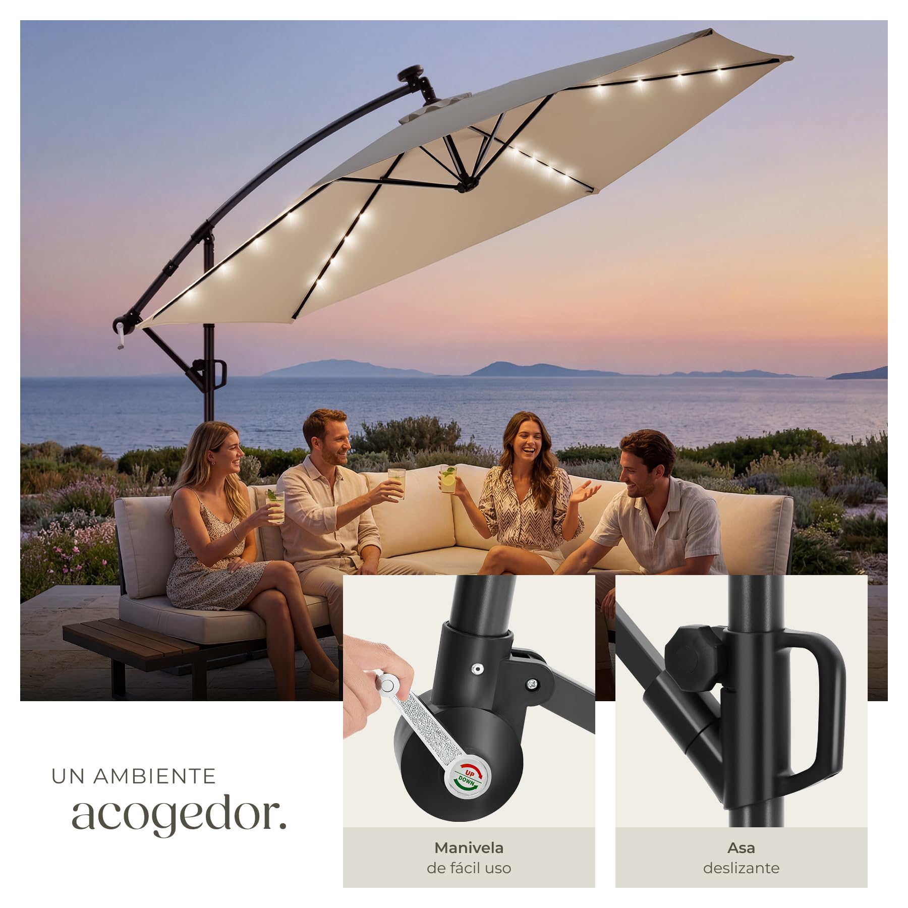 tectake® Sombrilla Terraza Exterior con Iluminacion Solar Led, Parasol Terraza Exterior y Jardin, Sombrillas Jardin Grandes Giratorio 360°, Doble Techo, Manivela, Inclinable - 3,5 x 3,5 m