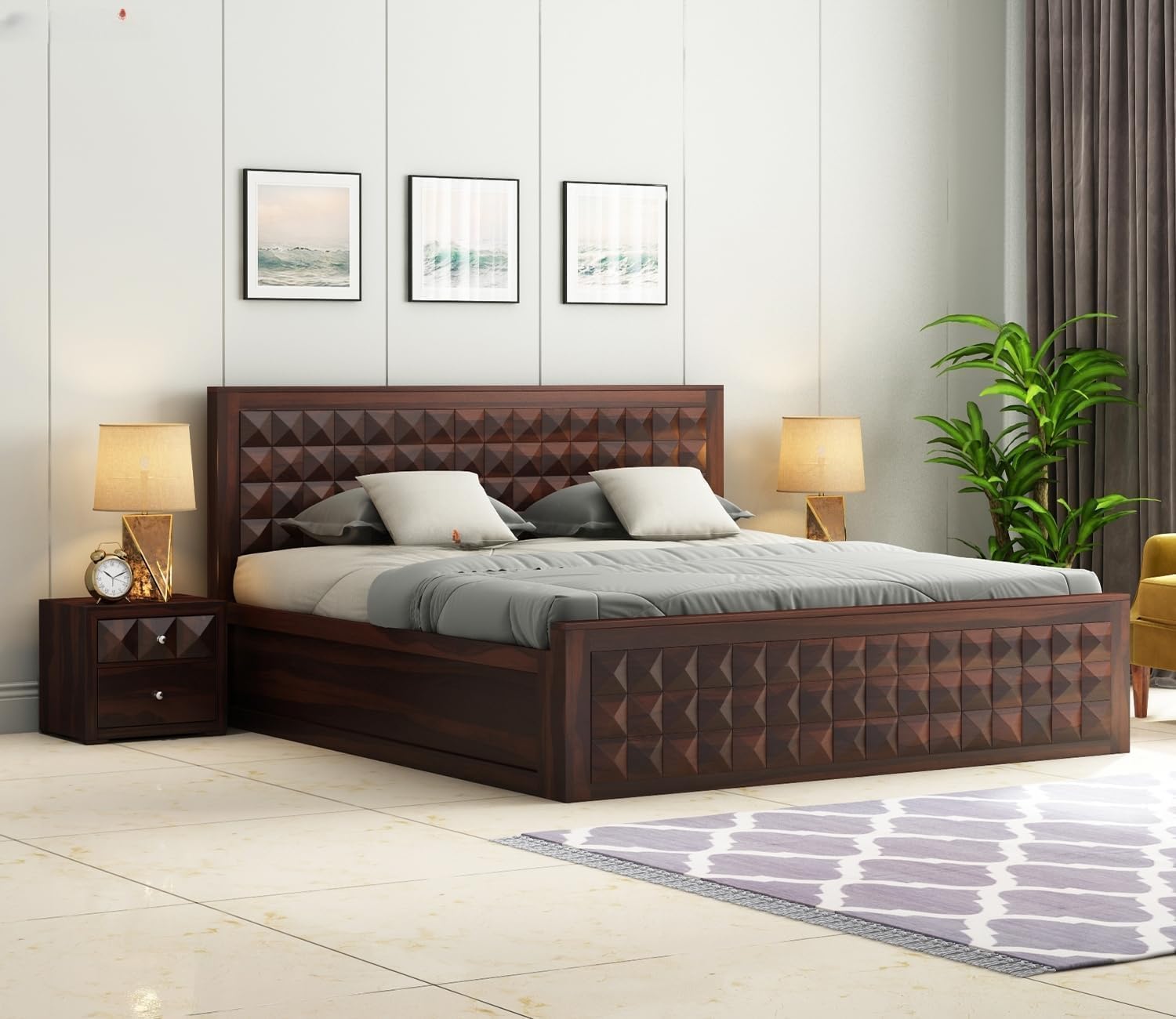 Credenza Solid Sheesham Wood King Size Bed with Box Storage | Premium Sheesham Wooden Bed for Bedroom, Heavy Duty King Bed Furniture with Spacious Storage Box, Diamond Design, Walnut Finish-image-9
