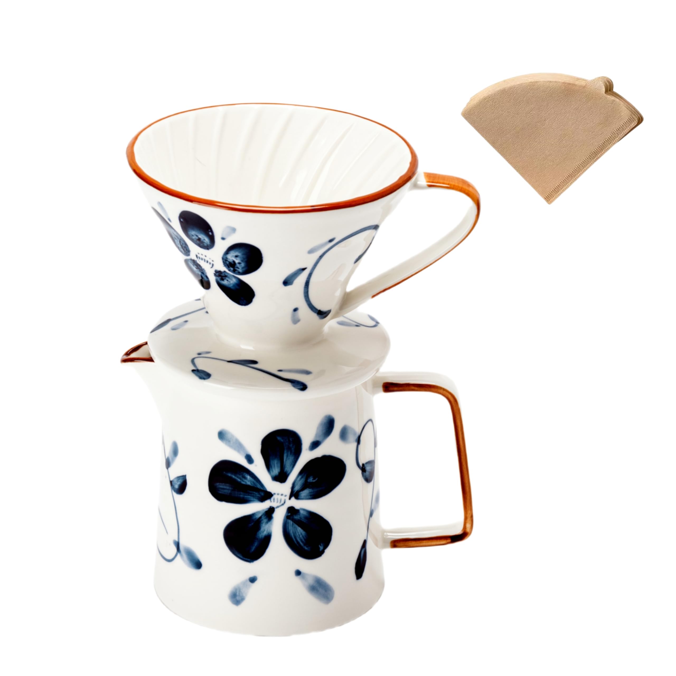 HYAXGM Pour Over Coffee Maker,Ceramic Coffee Maker With 40 pcs Paper Filter,15oz/450ml Pour Over Coffee Dripper (Blue and white, V02)
