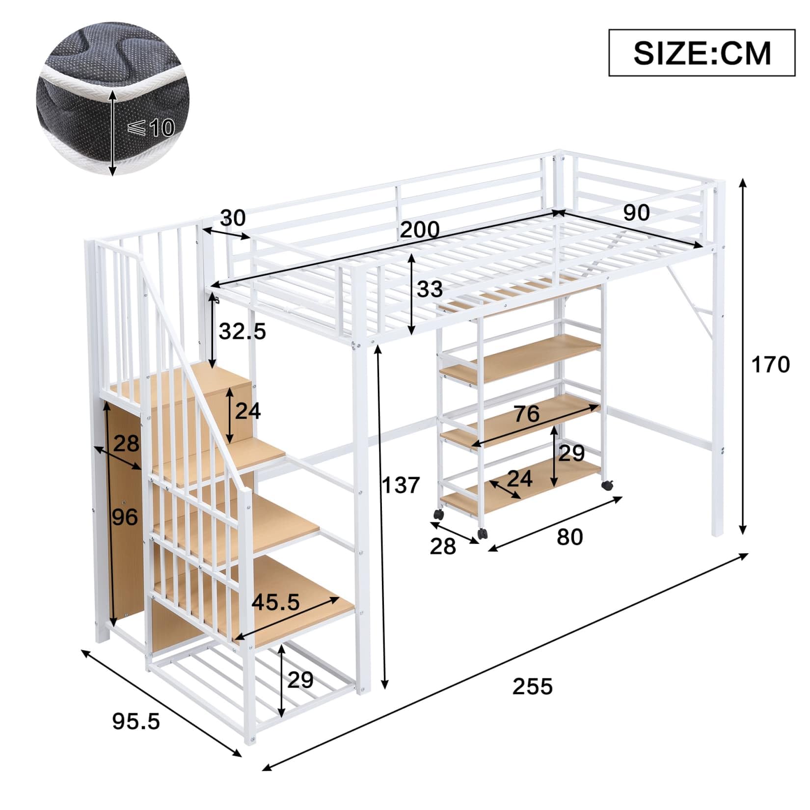 Lit Mezzanine Enfant 90x200 Métal,Lit Mezzanine 1 Place avec étagère à 4 Niveaux sur roulettes,Escalier de Rangement,Tringle à Vêtements,Haute Barrière,pour Enfants Ados