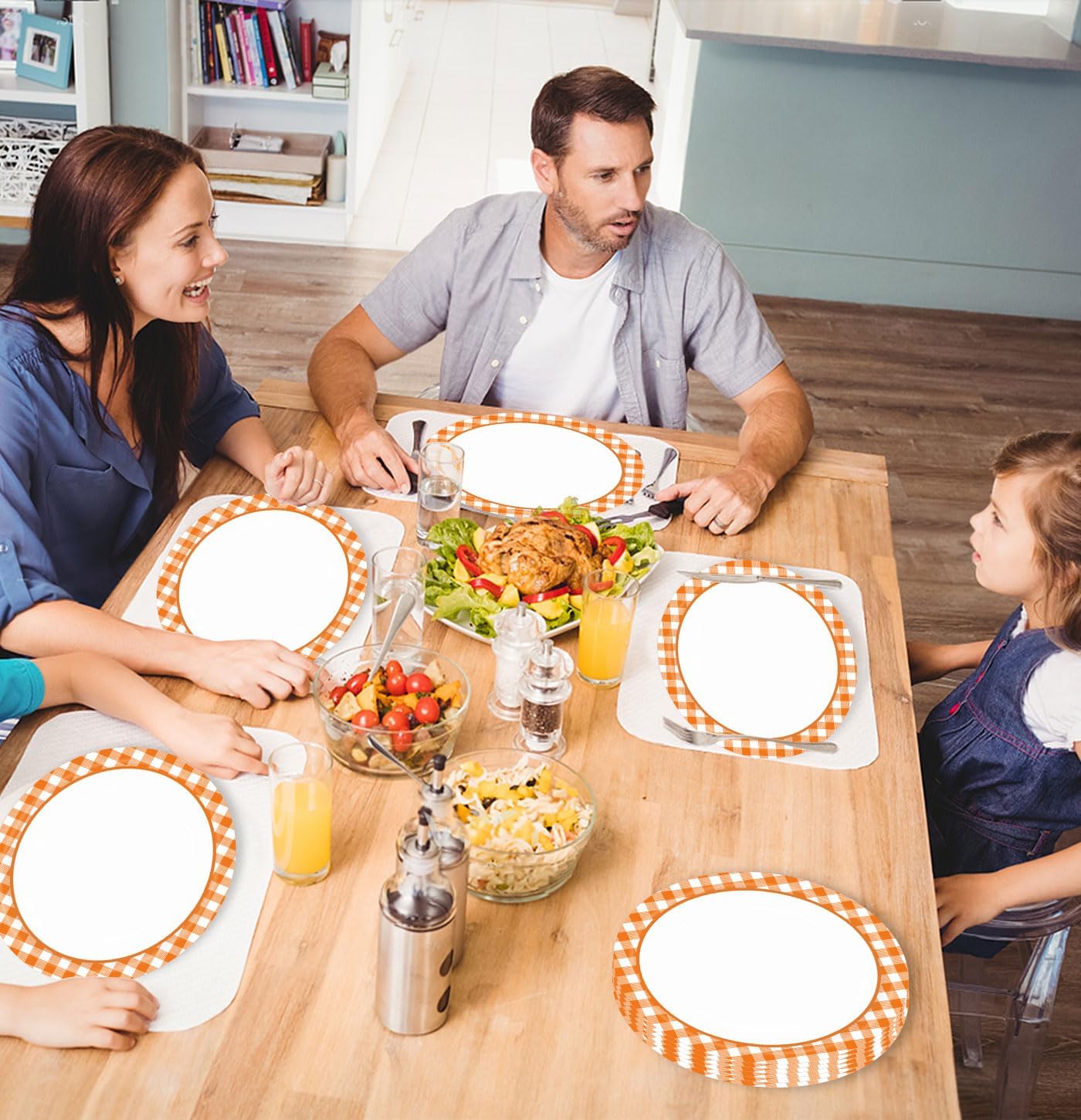 HEIPINIUYE 50 Pieces Orange Gingham Oval Paper Plates 10 X 12 Inch Orange and White Plates Disposable Dinner Plates for Thanksgiving Picnic Wedding Baby Shower Birthday Party Dessert Plates