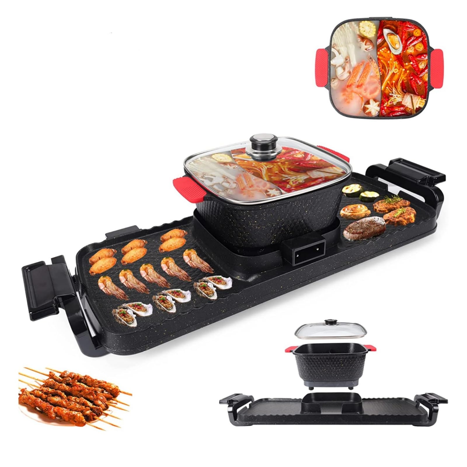 Barbacoa eléctrica 2 en 1, 1100 W + 2200 W, olla caliente multifuncional para barbacoa, olla caliente coreana de aluminio fundido, antiadherente multifuncional, doble control, shabu shabu, olla