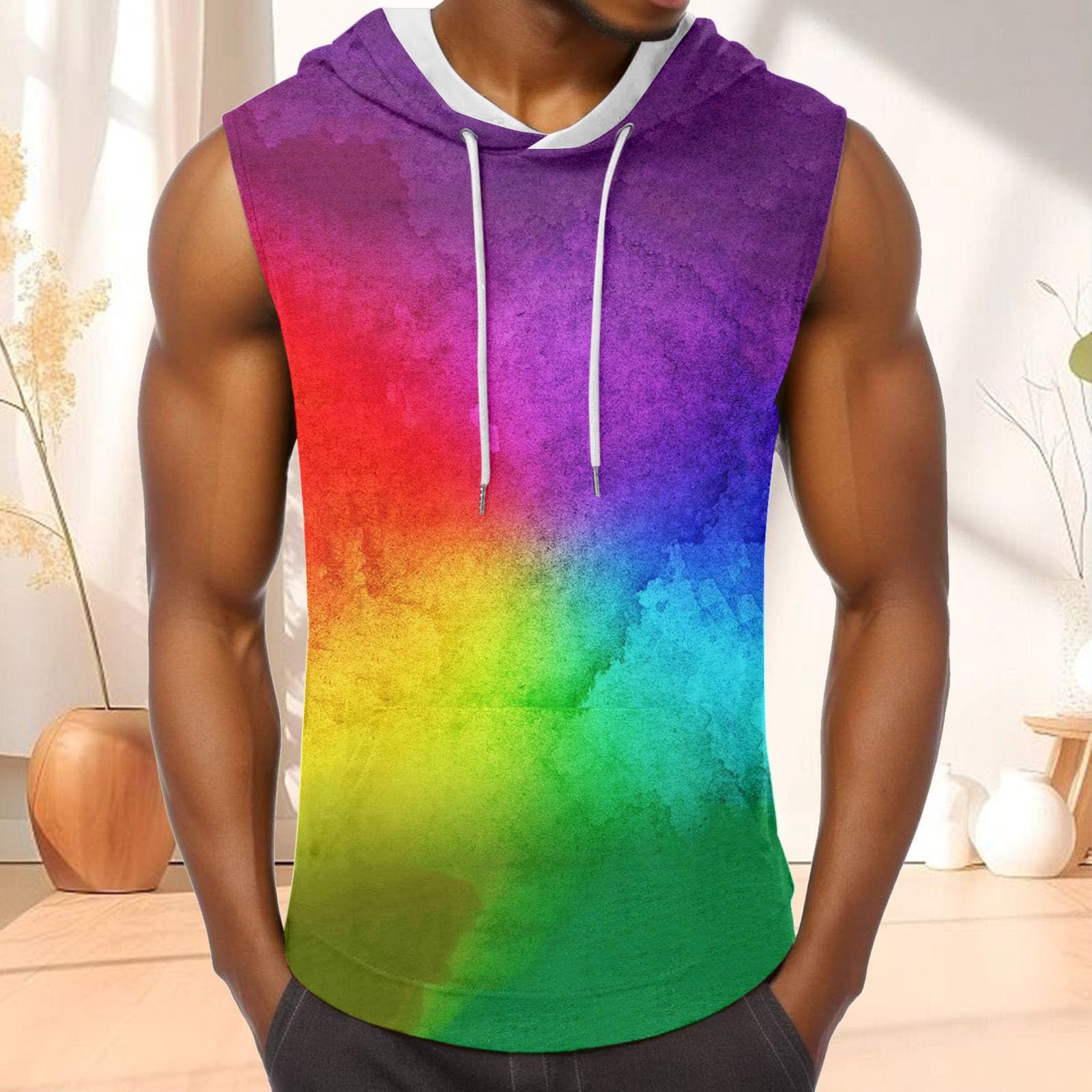 Camiseta LGBTQ para hombre con capucha, camisetas musculosas LGBT bandera orgullo camiseta funcional sin mangas sudadera con capucha LGBT Bandera Gay Pride Multicolored Rainbow Camisetas Gay