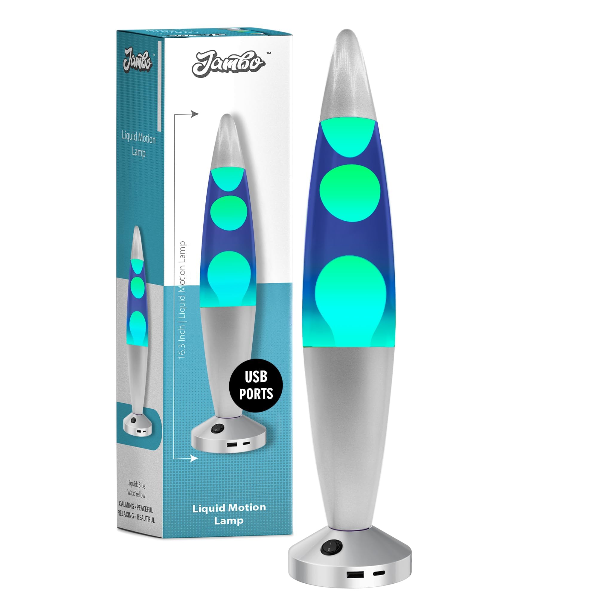 Jambo 16-Inch Beautiful Liquid Lamp with Wax | Entertaining for Adults and Kids (Silver Base, Blue Liquid, Yellow Wax, 16", with USB Ports)