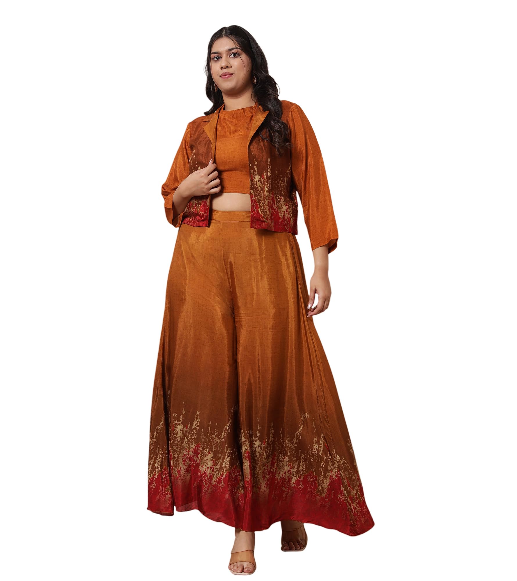deebaco Women's Tie-Dye Silk Blend Ankle Length Crop Top with Palazzo & Shrug Co Ord Set for Women Fashion Stylish|Halter Neck|Long Dresses for Woman Western|Three Piece(3XL,4XL,5XL,6XL-Mustard)-picture-26