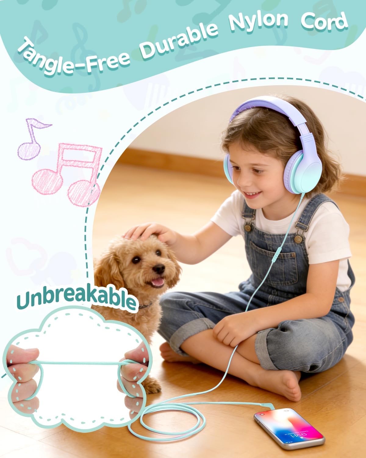 Over Ear Kids Headphones with HD Mic, Safe Volume Limited Wired Headphones for School, Travel, Stereo Sound Headphones with Cord, Foldable 3.5mm Headphones for iPad, Laptop, PC, Purple-Green