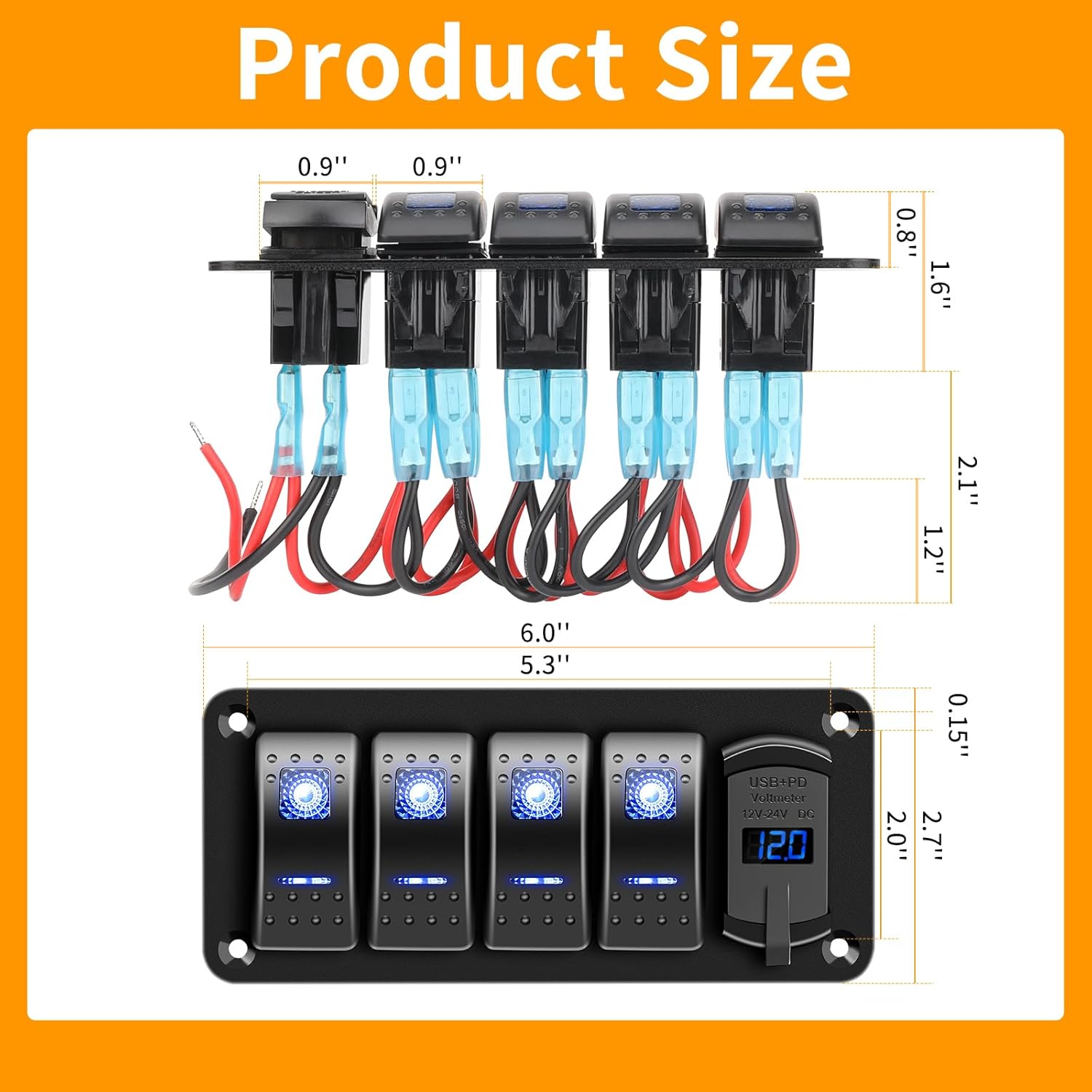 RVZONE 4 Gang IP68 Waterproof Boat Rocker Switch Panel DC 12-24V LED Digital Voltmeter + Dual USB (QC 3.0 & Type-C) Fast Charging Pre-Wired Toggle Switch Panel for RV Car Marine Boat Truck (Blue)