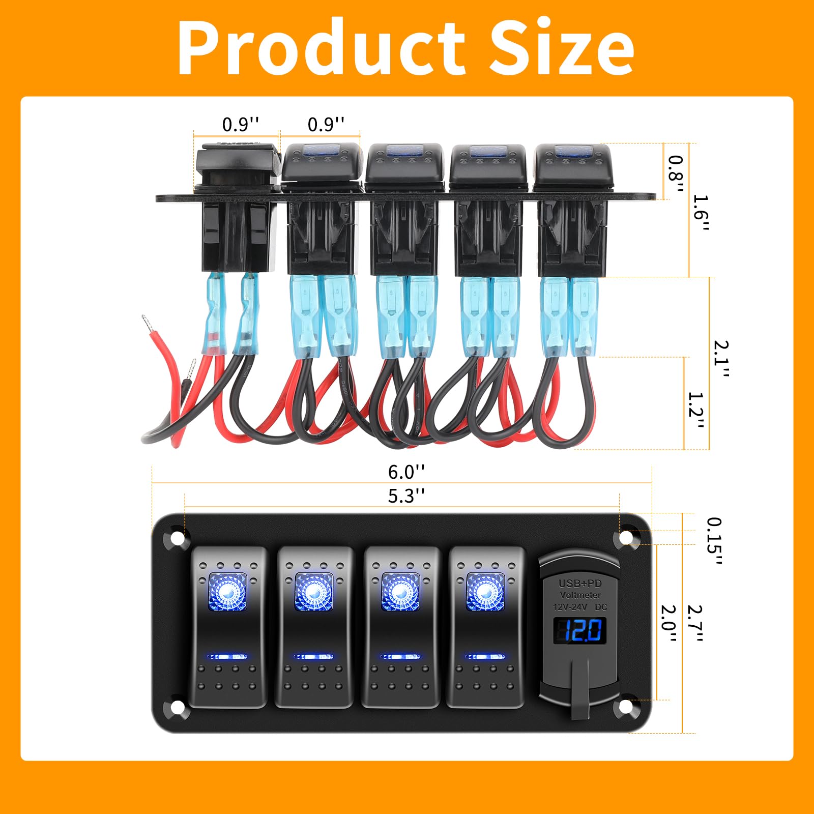 RVZONE 4-biegowy wodoszczelny panel przełącznika kołyskowego IP68, DC 12-24 V, cyfrowy woltomierz LED + podwójne USB (QC 3.0 i typ C), szybkie ładowanie, wstępnie okablowany panel przełącznika
