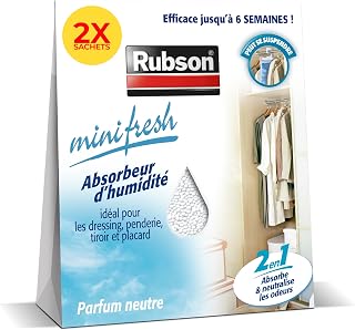 Rubson - Absorbeur d’humidité Minifresh parfum neutre (2 sachets de 50 g) – Adapté pour dressing, penderie, tiroir et plac...