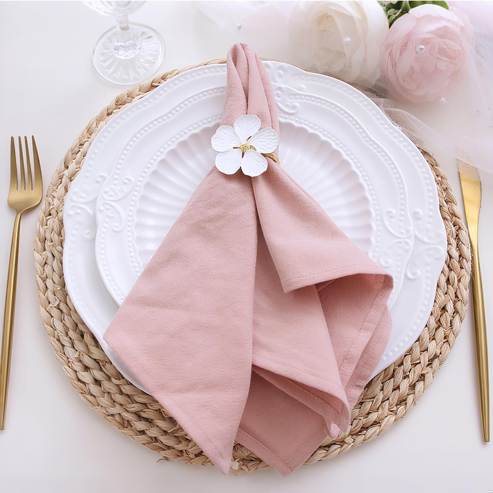 Set da 6 tovaglioli in lino, Tovaglioli riutilizzabili in tessuto, Lavabili in cotone 40x40 cm per eventi e uso domestico (malva chiaro, beige, bianco, senape, rosa cipria, verde pisello)