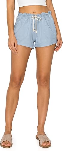 Cali1850 Pantalones cortos casuales de lino para mujer, con cordón en la cintura fruncida, con bolsillos, para descansar y la playa