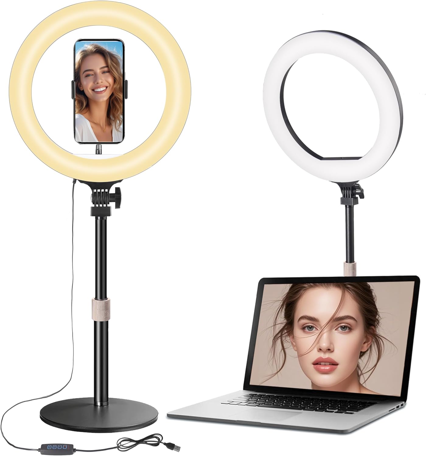 10” Desk Ring Light with Stand, LED Circle Light with Phone Holder for Computer Laptop Zoom Meetings, Video Calls, Streaming, Online Classes, Home Office