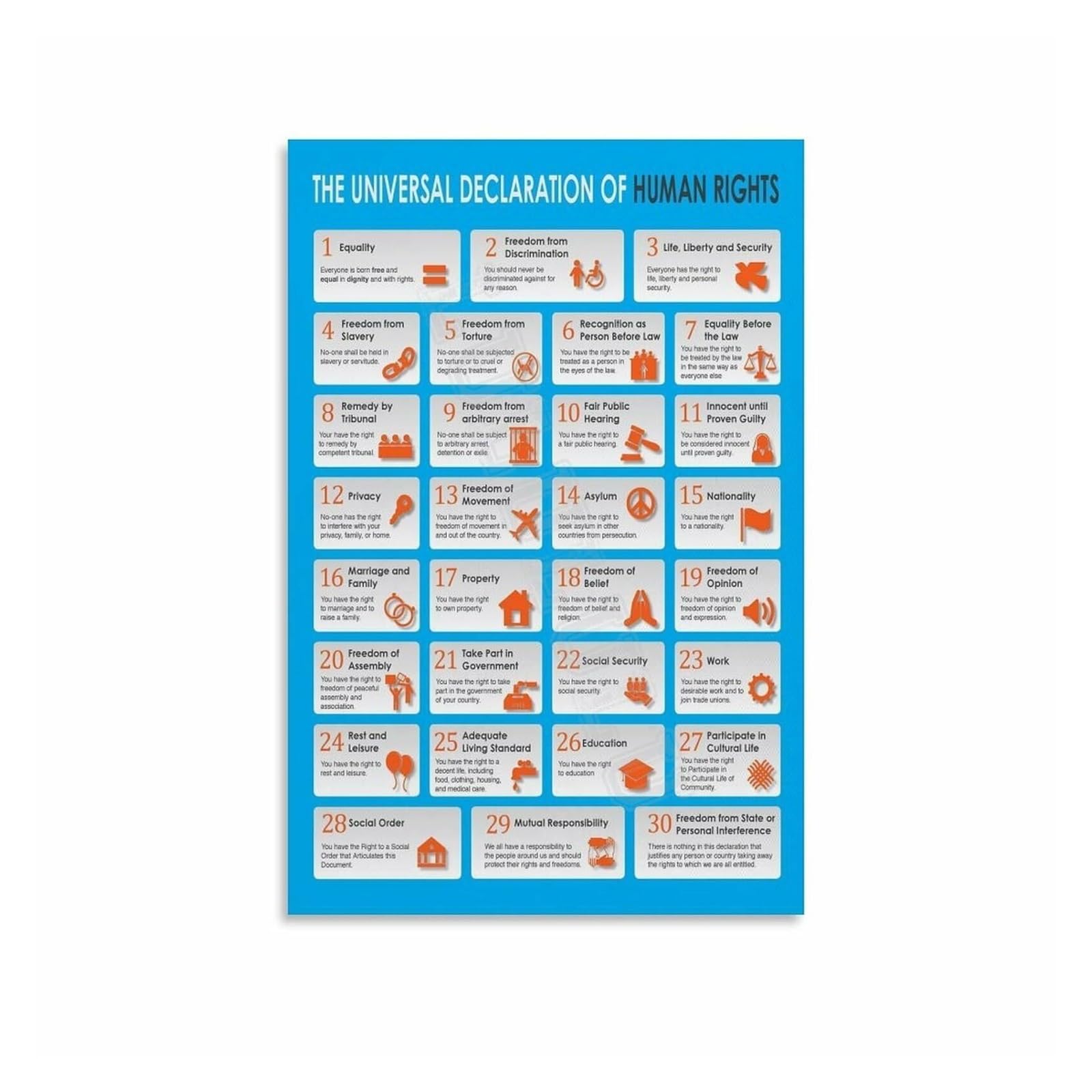 LLBOGRGGN 30 Human Rights Articles Poster, Canvas Painting Wall-Art for School, Office, Activist, Social Justice, Equality Decor(Framed,08x12inch(20x30cm))