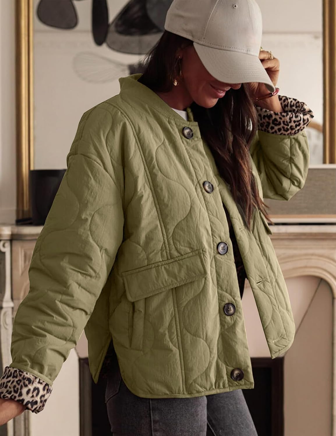 PEHMEA Women's Quilted Lightweight Jackets, Button Down Casual Coat Leopard Lining Bomber Outerwear with Pockets - Image 6