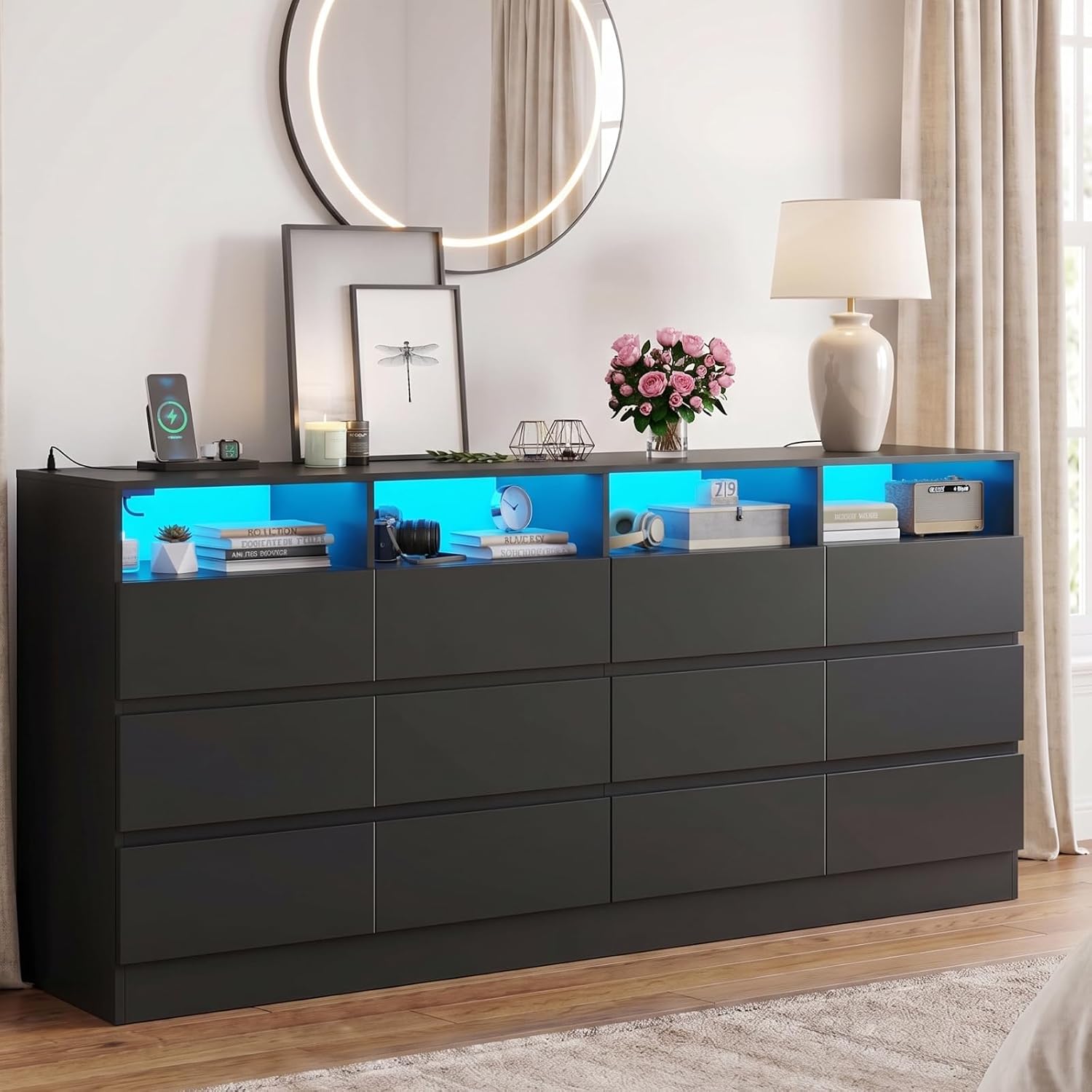 Gyfimoie 12-Compartment Divided Drawer Dresser, 63" Wide Double Chest of Drawers with Power Outlet and LED Light, Modern Bedroom Dresser Organizer Cabinet & TV Stand for Closet, Hallway