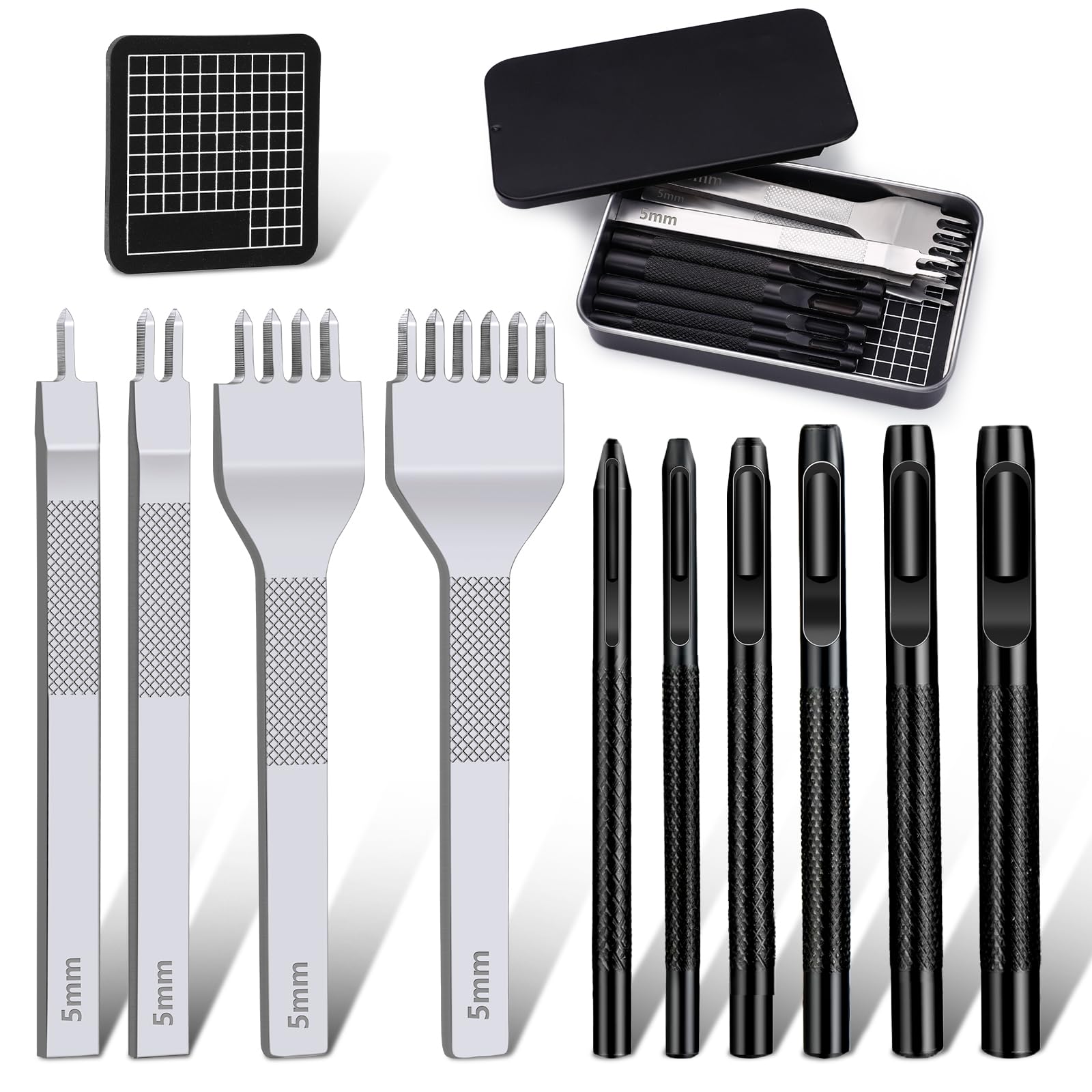 Leather Stitching Punch Hole Punch Tool Set, 5mm 1/2/4/6 Prong Punch Chisel, Round Hole Punch for Belt, Watch Band, Leather Strap DIY Crafts-image-10