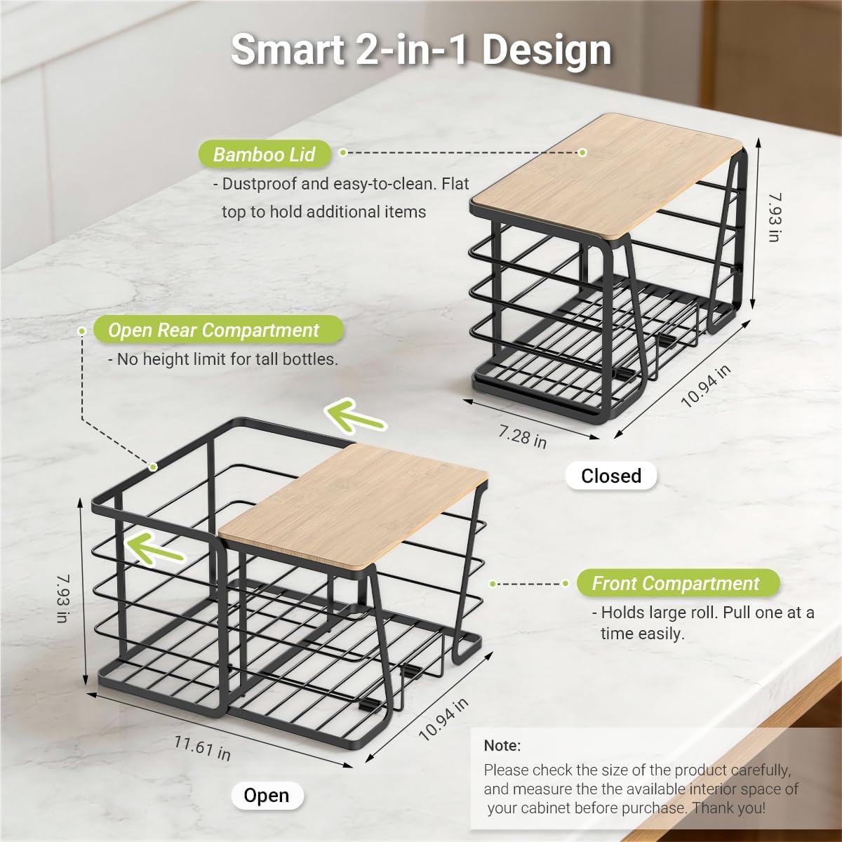 2 in 1 trash bag dispenser under sink, large garbage bag roll holder with bamboo lid, fits 13/30/33 gal bags, open back storage for tall bottles, for kitchen cabinet, bathroom, laundry room(black)