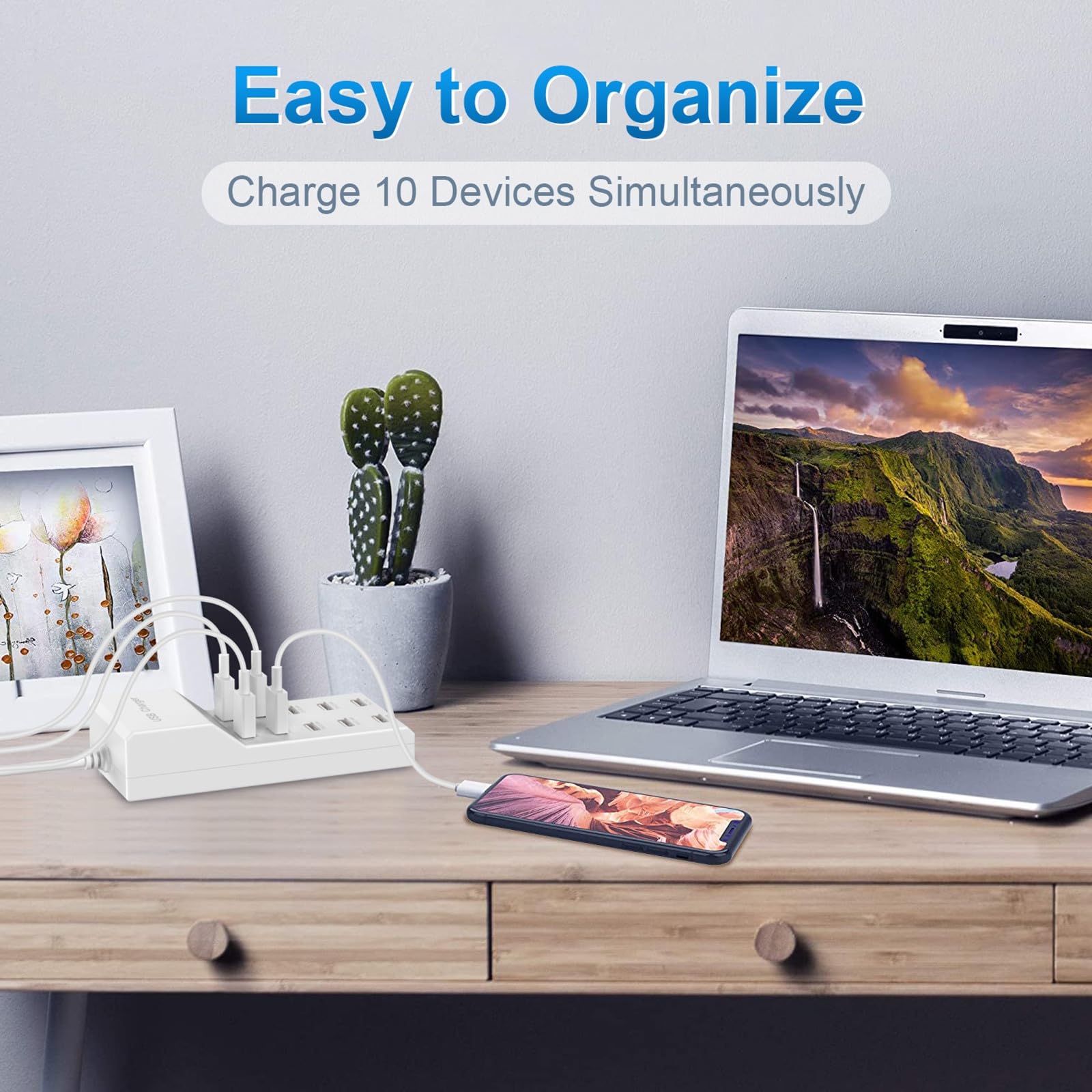 QIONMAR Cargador de Pared USB Estación de Carga USB para múltiples Dispositivos, Cargador USB, Tira de concentrador de alimentación de 10 Puertos, Enchufe Inteligente,