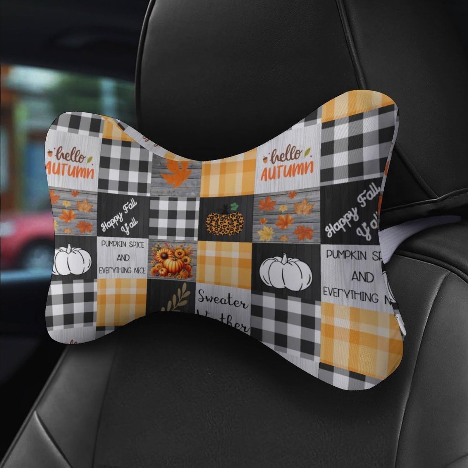 Fall Leaves Pumpkins Sunflowers Plaid Car Neck Pillow Set of 2 Car Seat Head Support Cushion Bone Pillows with Elastic Strap