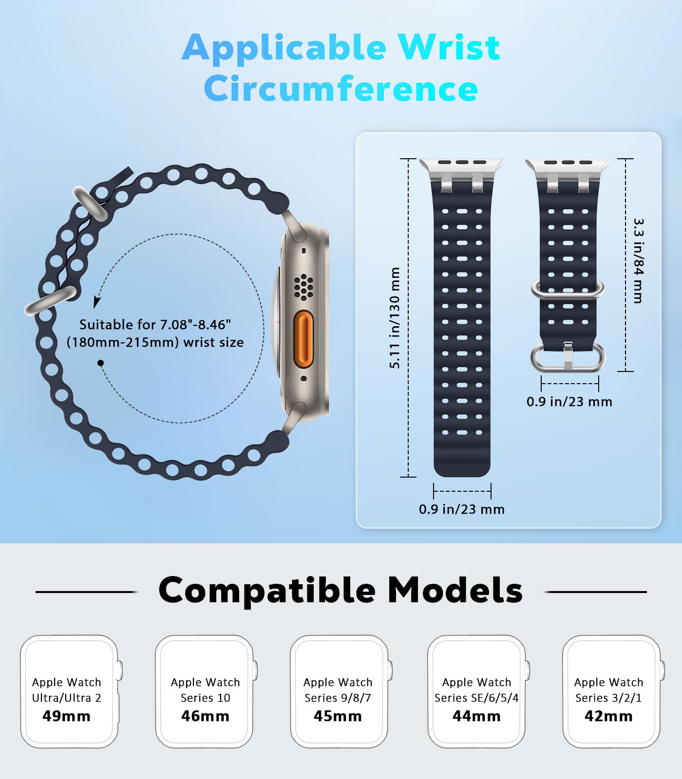 Astorgos Cinturino Ocean compatibile con Apple Watch Ultra 2/Ultra 49mm, S10 46mm, 9/8/7 45mm, SE/6/5/4 44mm, 3/2/1 42mm, Cinturini Sportivo con Connettore in Metallo per Uomo e Donna