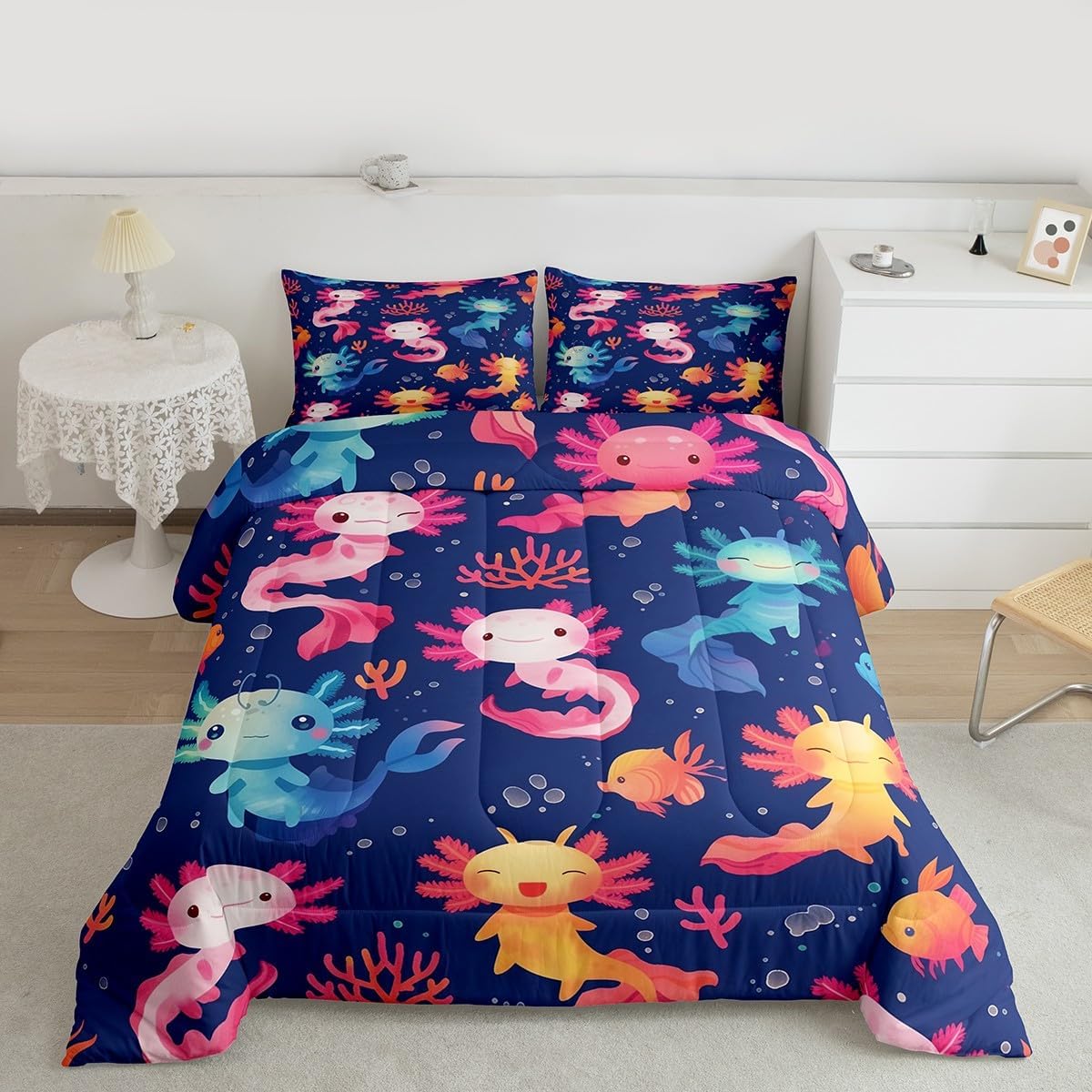 Feelyou Colorful Axolotl Kids Comforter Set Toddler Size Cute Axolotl Bedding Set Cartoon Salamander Duvet Quilt for Boys Girls Room Kawaii Ocean Sealife Decor Gift for Girls Women Soft Breathable