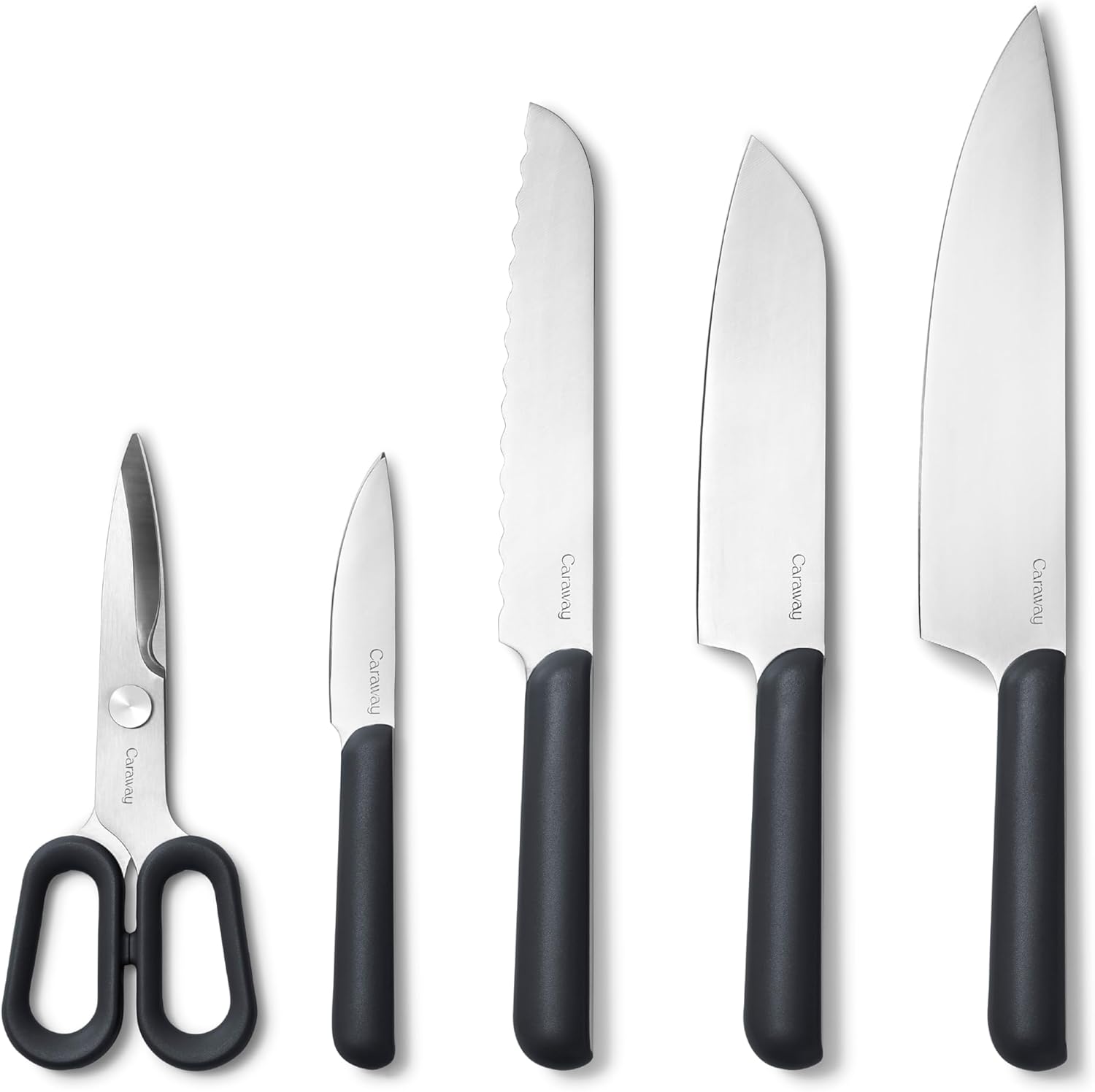 Caraway 5 Piece Knife Set - Premium German Steel Blade Kitchen Knives - Ergonomic Handles - No Microplastics - Charcoal