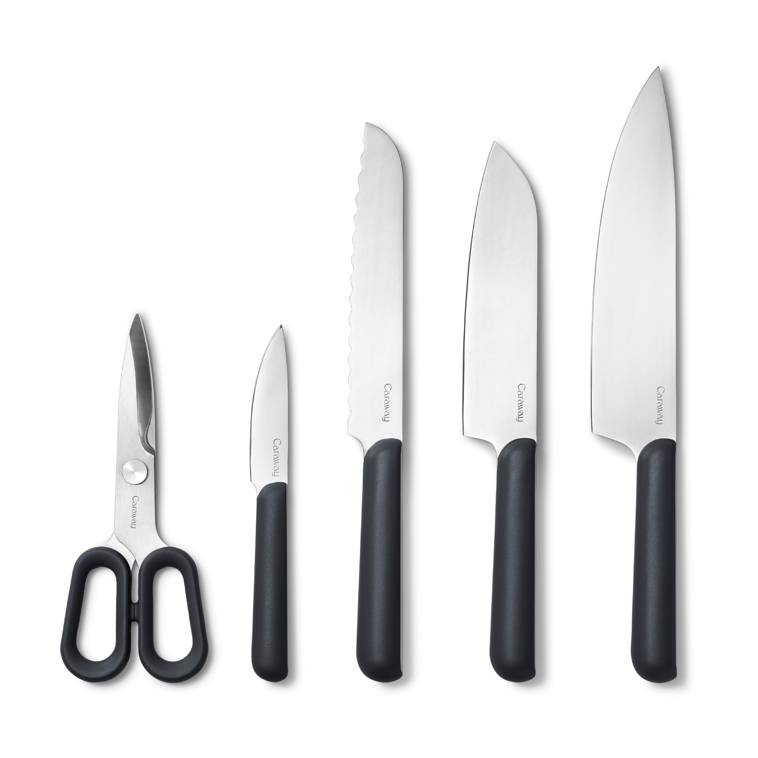 Caraway 5 Piece Knife Set - Premium German Steel Blade Kitchen Knives - Ergonomic Handles - No Microplastics - Charcoal