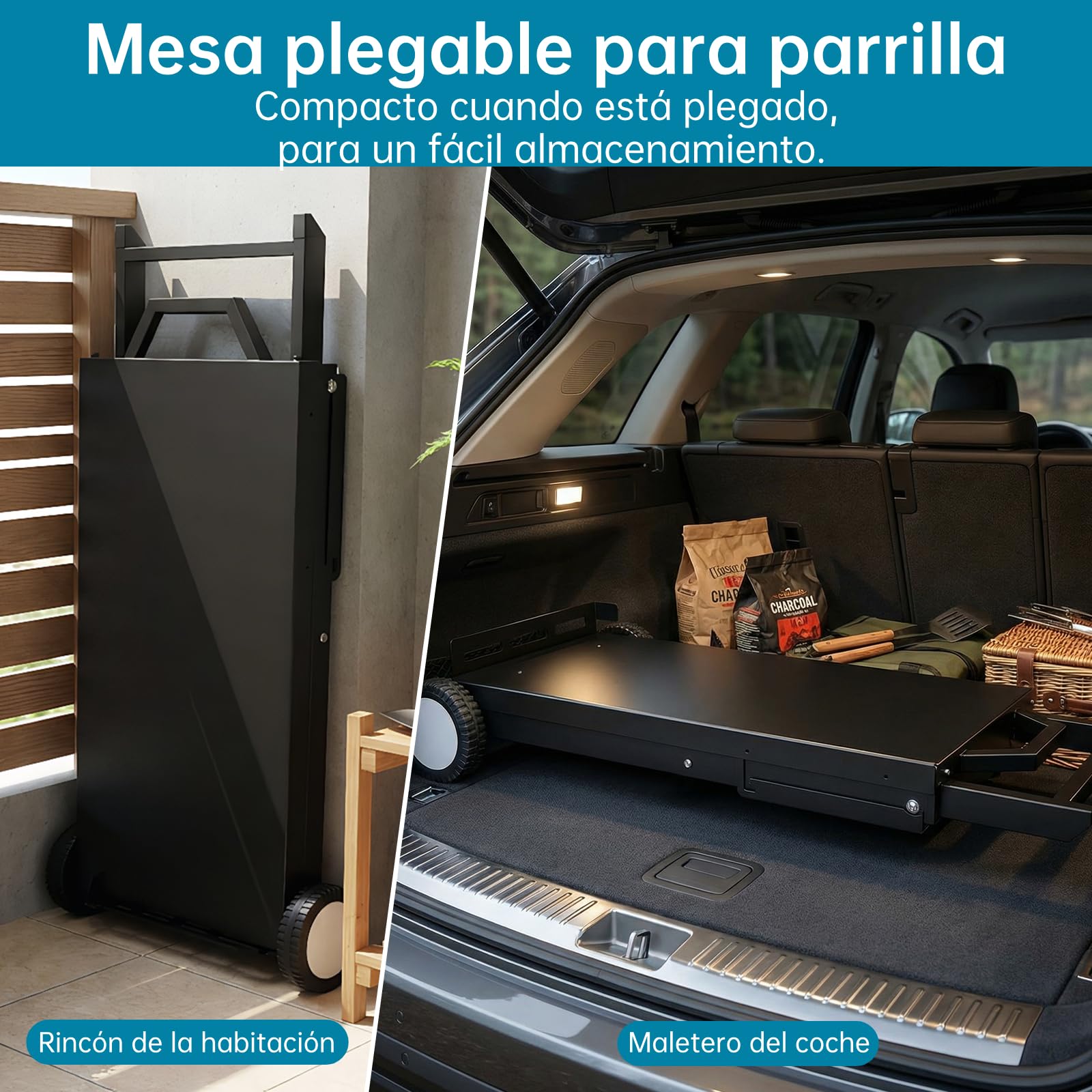 LIFERUN Carro Plegable para Barbacoa con Mesa Auxiliar Extraíble, Soporte Portátil para Parrilla con 2 Ruedas, Soporte de Mesa al Aire Libre Plegable, para Camping, Jardín, Fiestas (102x39x73cm)
