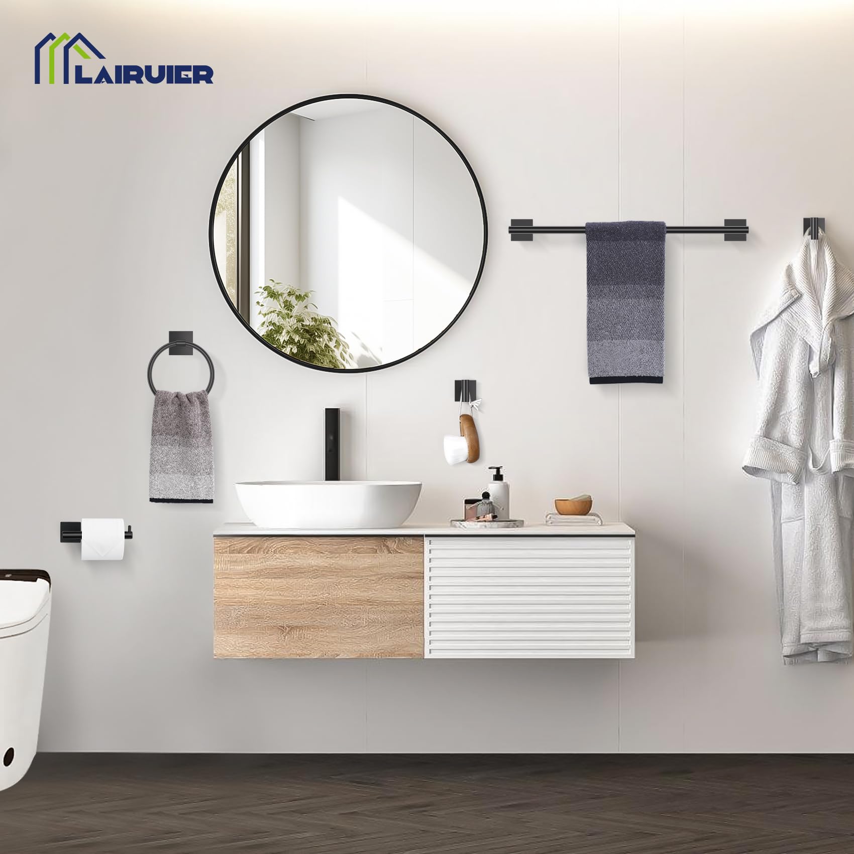 Matte Black Bathroom Hardware Set - 5 Piece Towel Bar -6